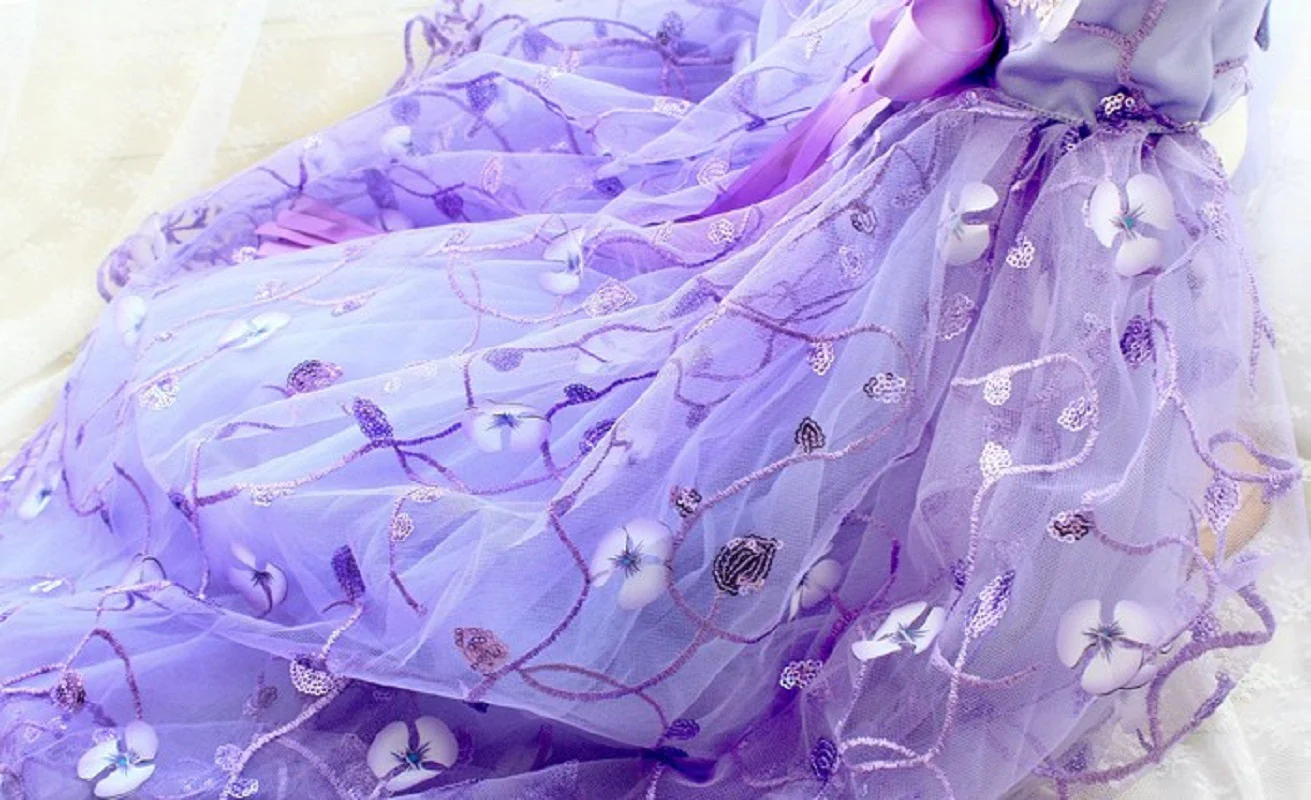 Handmade Luxury Pet Trailing Dress Dogs Cats Floral Embroidered Purple Gown - Image 13