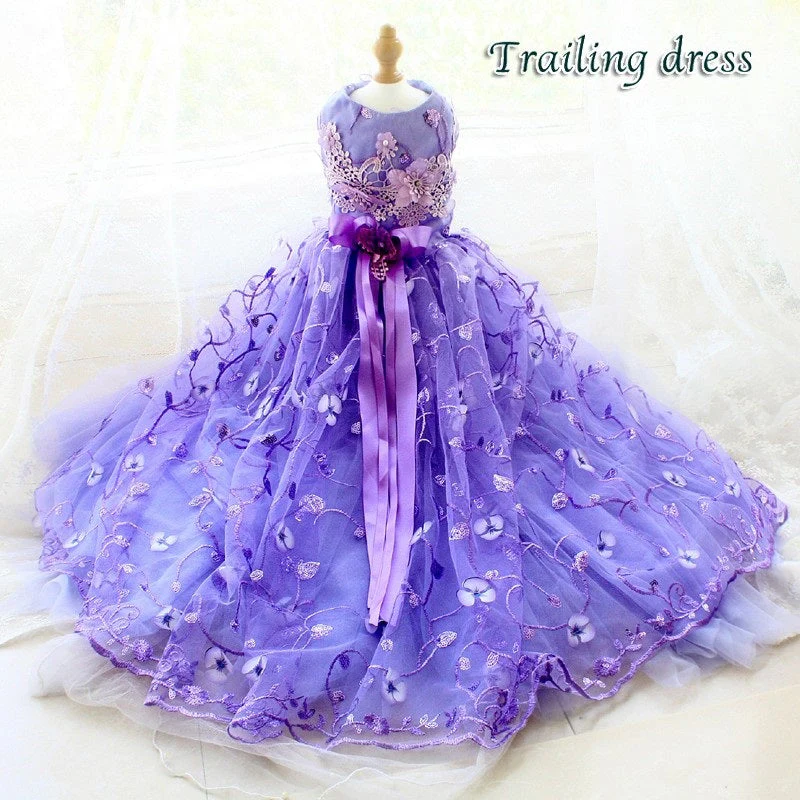 Handmade Luxury Pet Trailing Dress Dogs Cats Floral Embroidered Purple Gown - Image 2