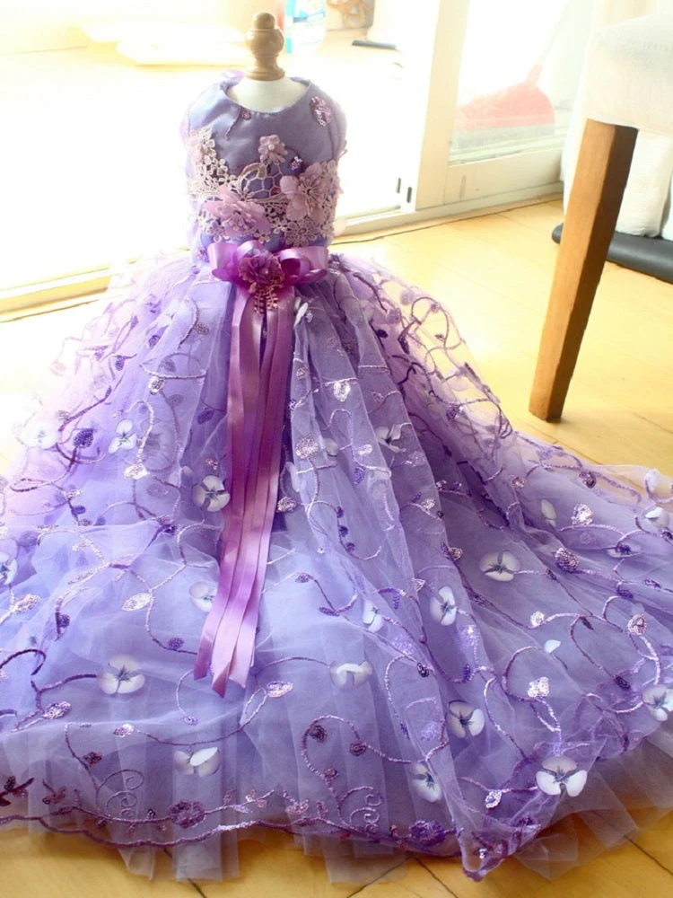 Handmade Luxury Pet Trailing Dress Dogs Cats Floral Embroidered Purple Gown - Image 3