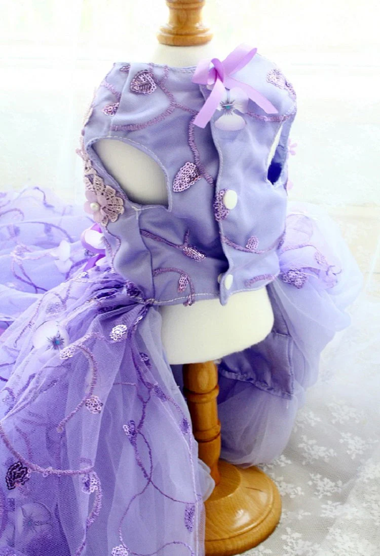 Handmade Luxury Pet Trailing Dress Dogs Cats Floral Embroidered Purple Gown - Image 5