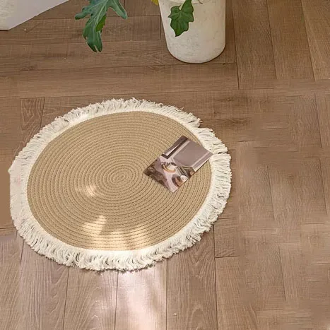 Handmade Rattan Woven Rug – Vintage Jute Round Carpet with Tassel - Image 9