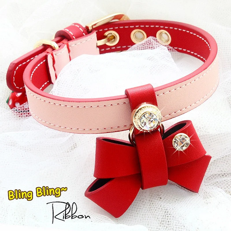 Handmade Red and Pink Bow Calf Leather Dog Collar with Rhinestone for Small Pets - Image 2