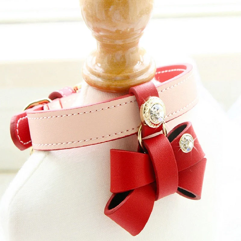 Handmade Red and Pink Bow Calf Leather Dog Collar with Rhinestone for Small Pets - Image 4
