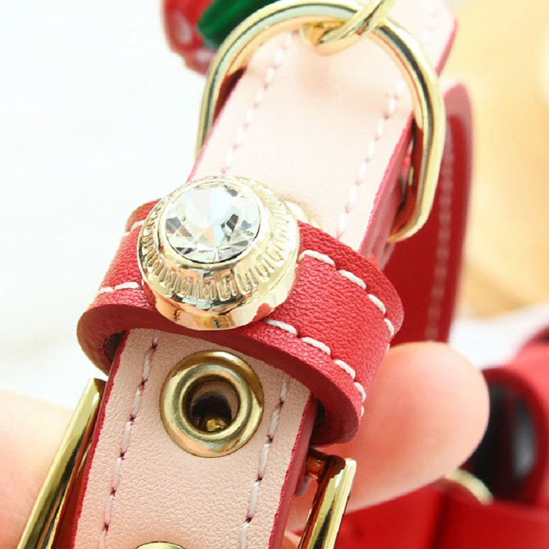 Handmade Red and Pink Bow Calf Leather Dog Collar with Rhinestone for Small Pets - Image 5