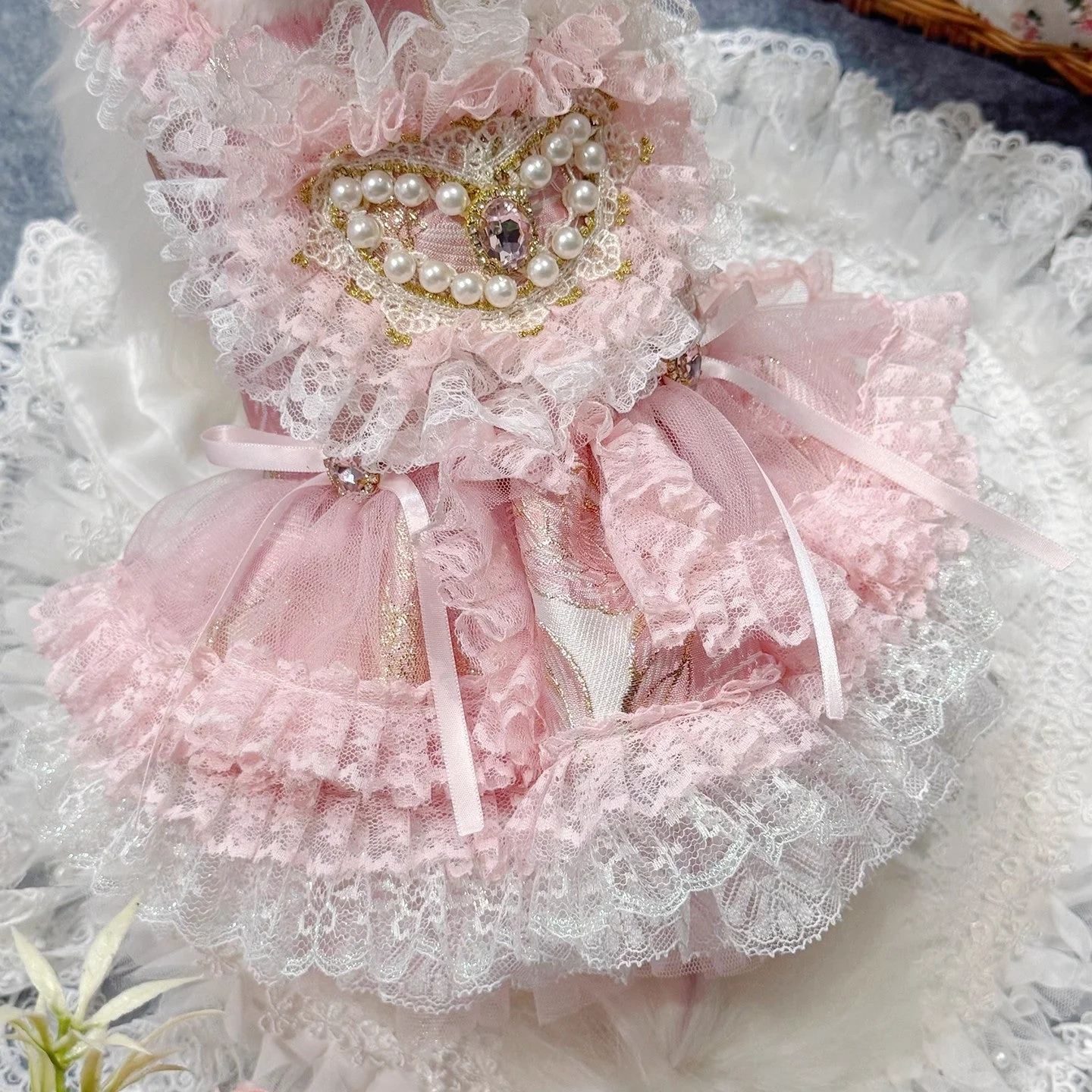 Handmade Romantic Puppy Gown Pink Lace - Image 4