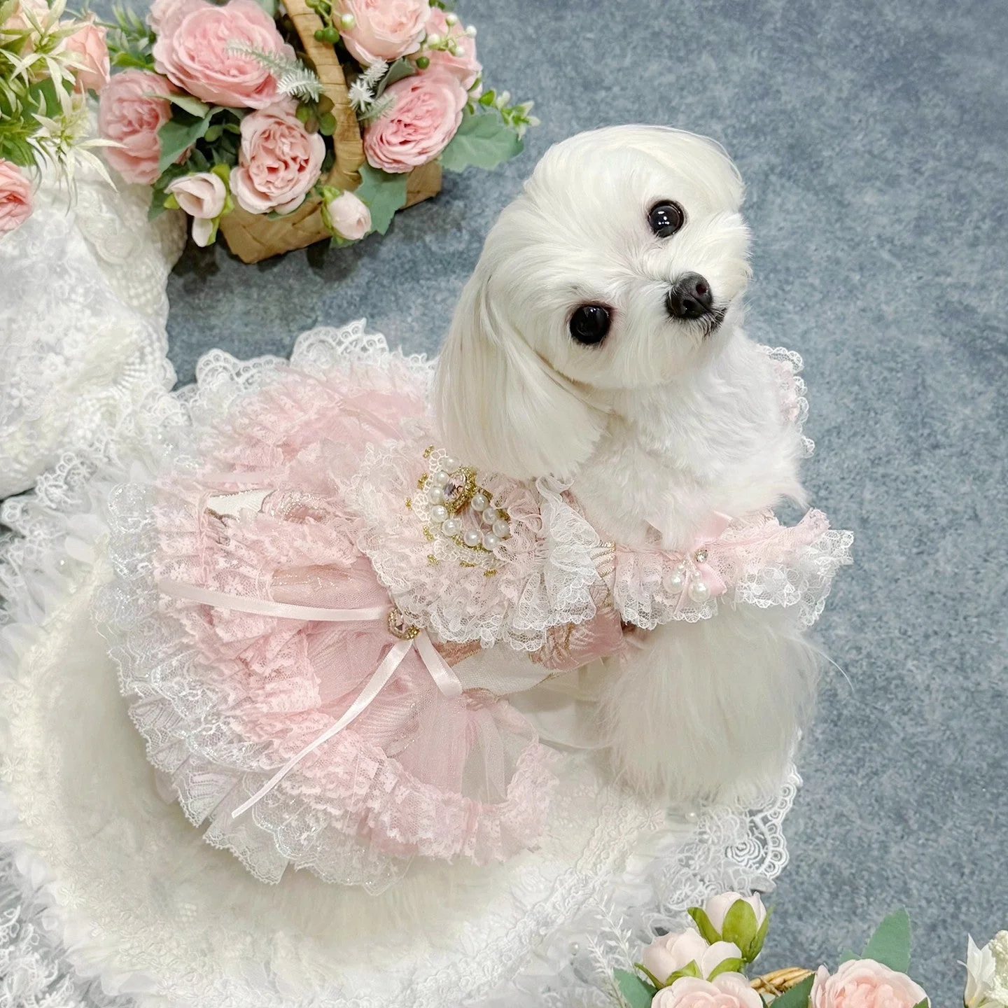 Handmade Romantic Puppy Gown Pink Lace - Image 5