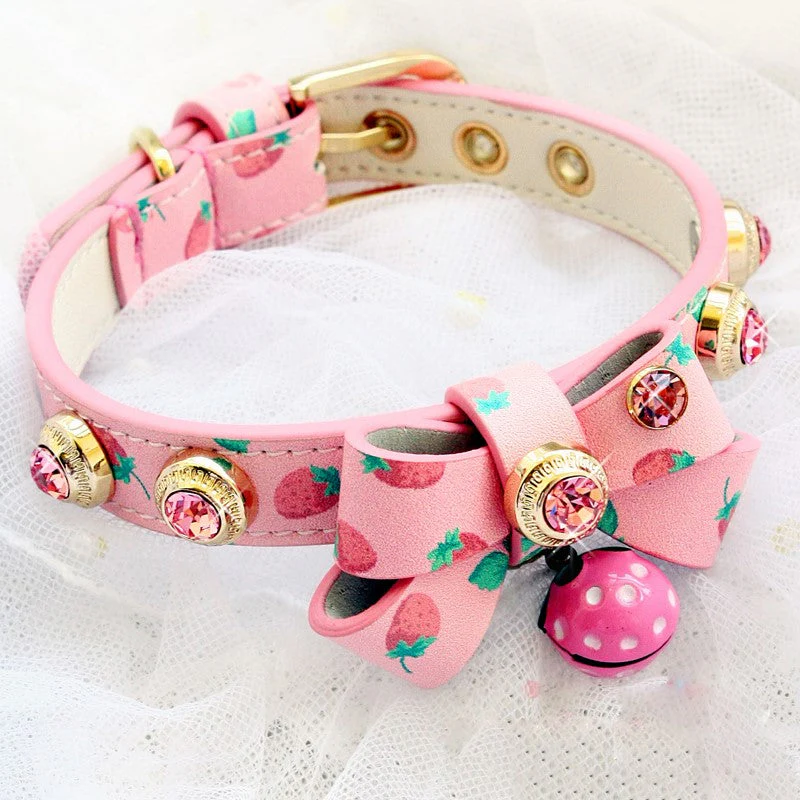 Handmade Strawberry Dog Collar Leash Sets Real Calfskin Customize - Image 2