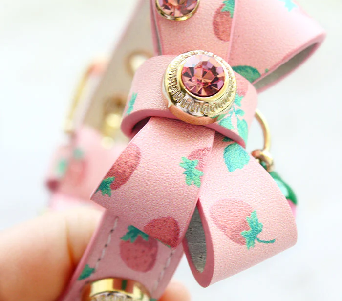 Handmade Strawberry Dog Collar Leash Sets Real Calfskin Customize - Image 4