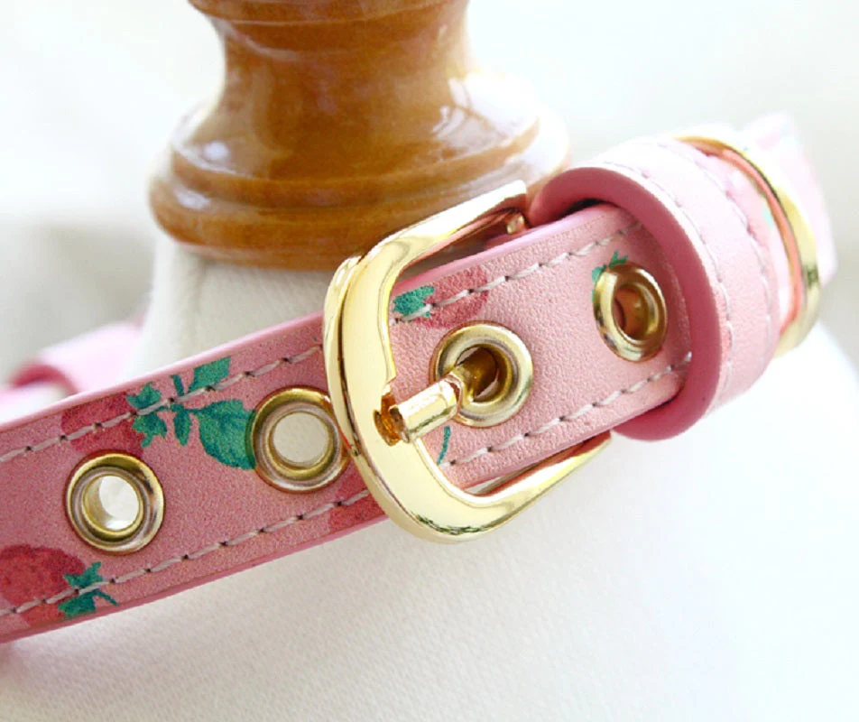 Handmade Strawberry Dog Collar Leash Sets Real Calfskin Customize - Image 6