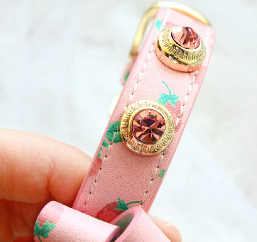 Handmade Strawberry Dog Collar Leash Sets Real Calfskin Customize - Image 8