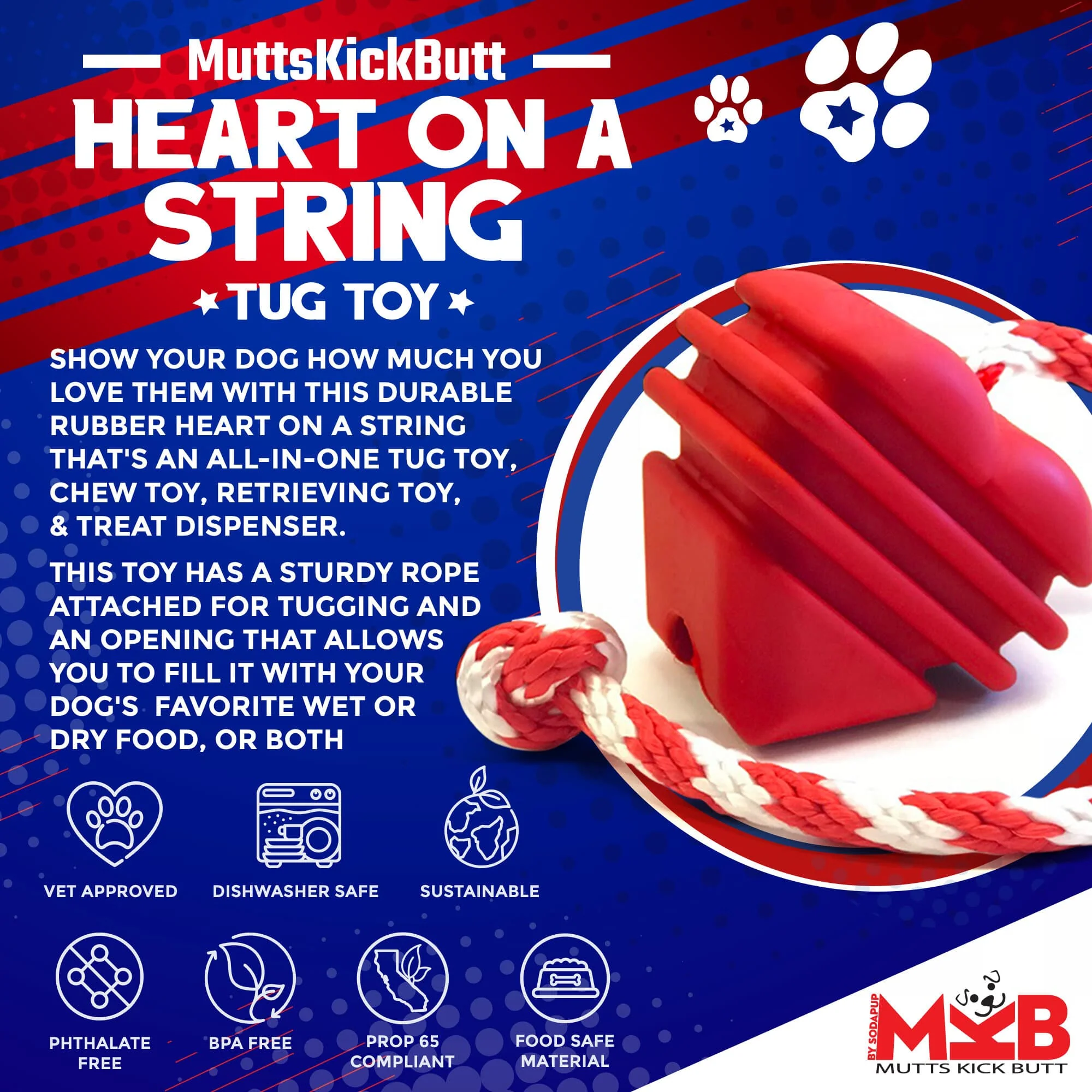 Heart on a String Dog Toy - Durable Rubber Tug Toy for Large Dogs | USA Made - Image 2