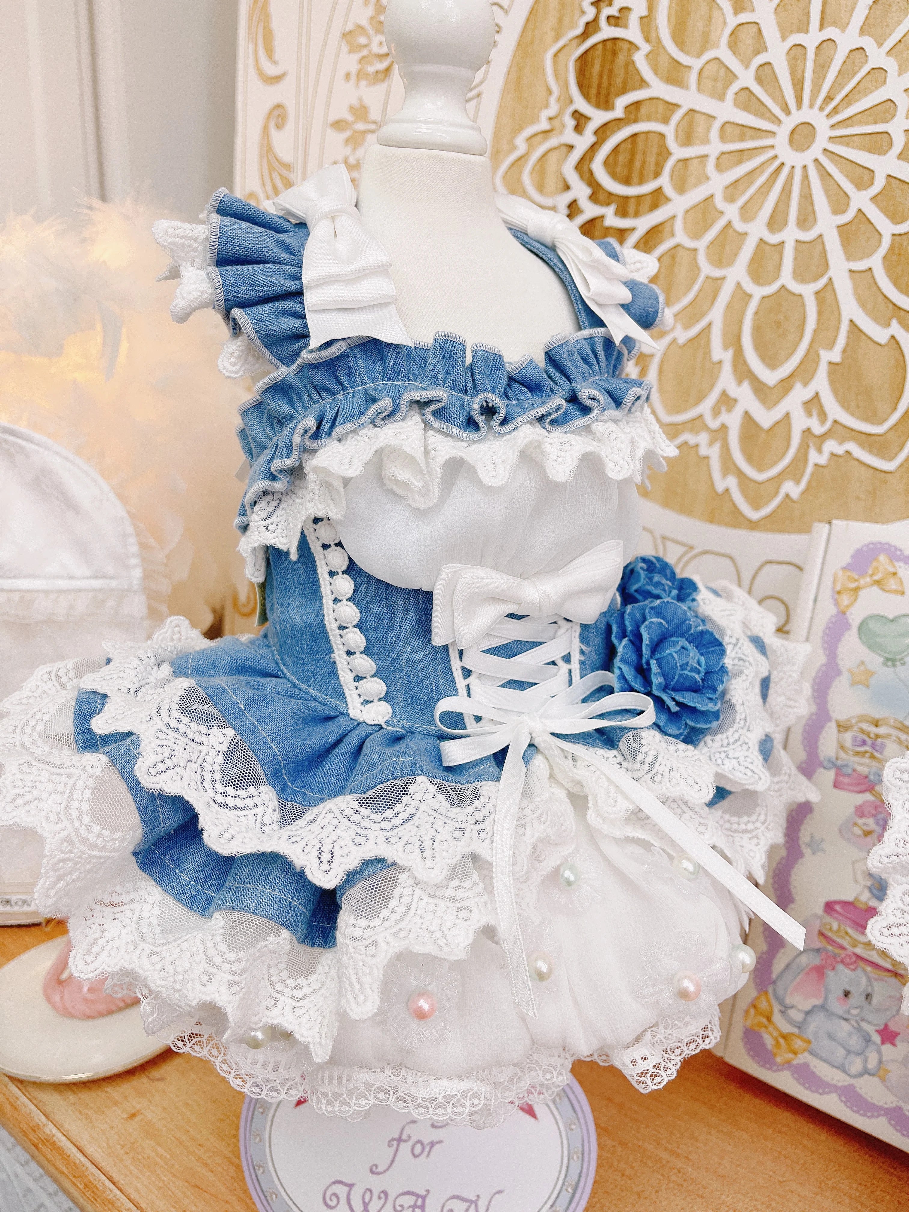 High quality handmade dog dresses denim+hat - Image 3