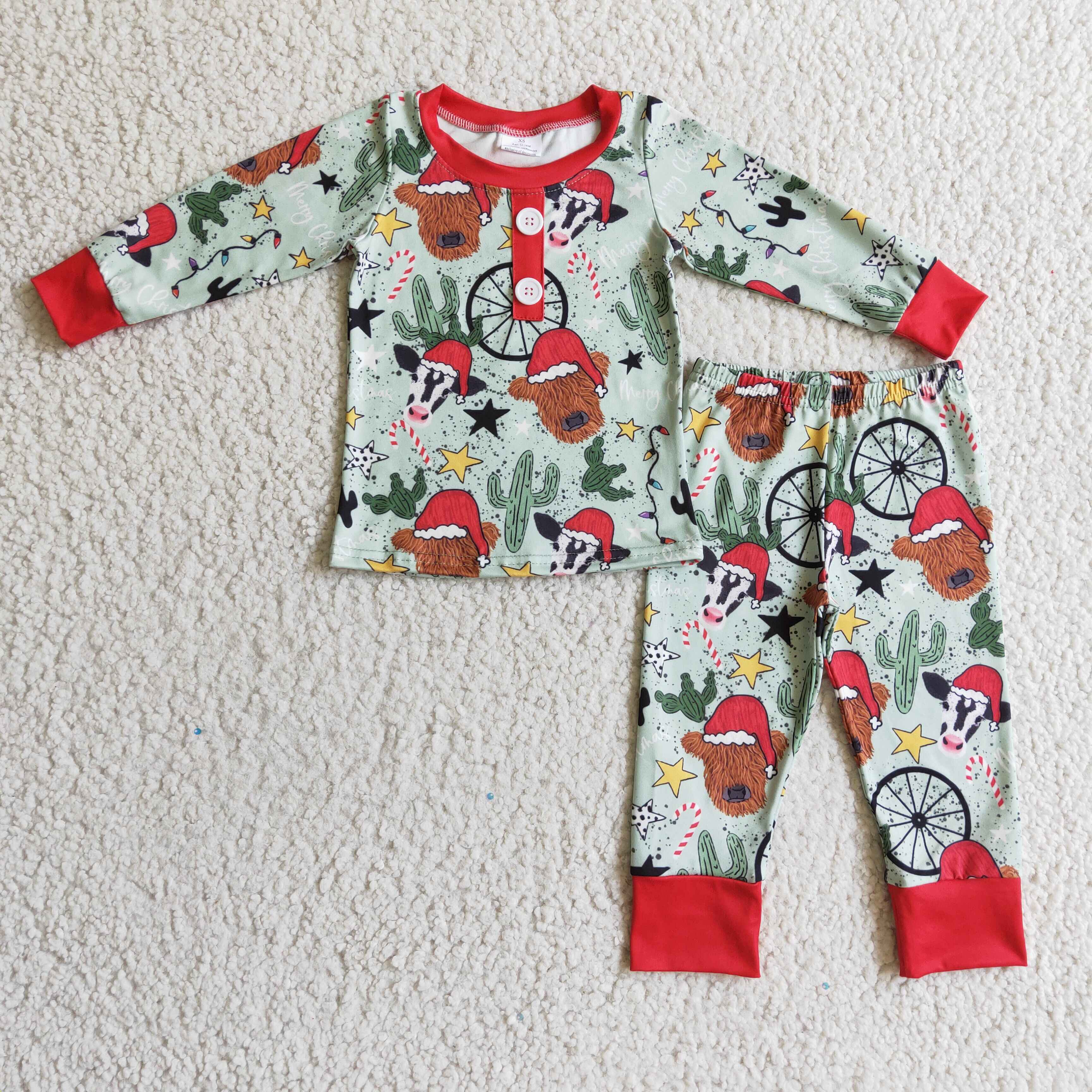 Highland cow cactus kids boy western Christmas pajamas - Image 2