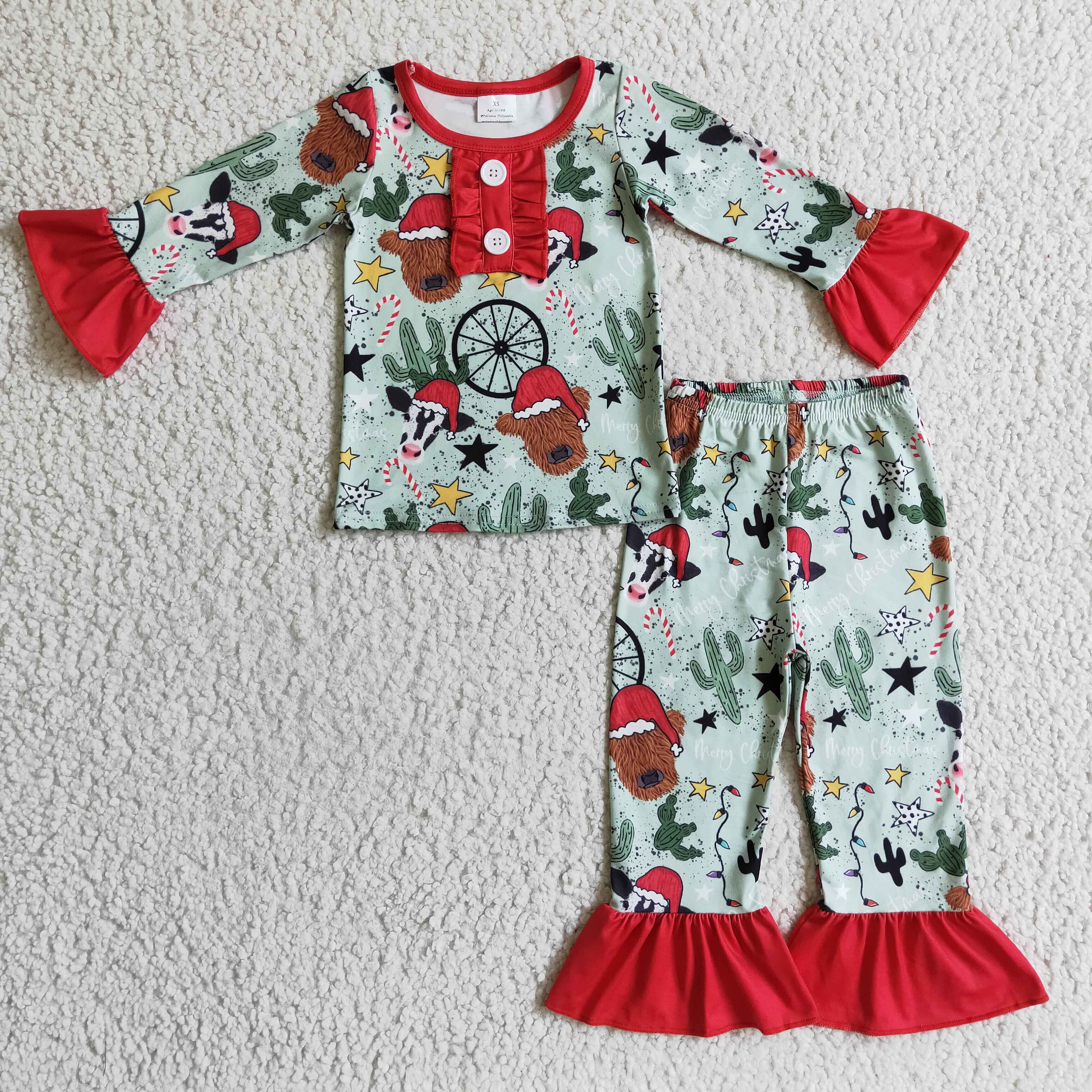 Highland cow cactus kids girls western Christmas pajamas - Image 2