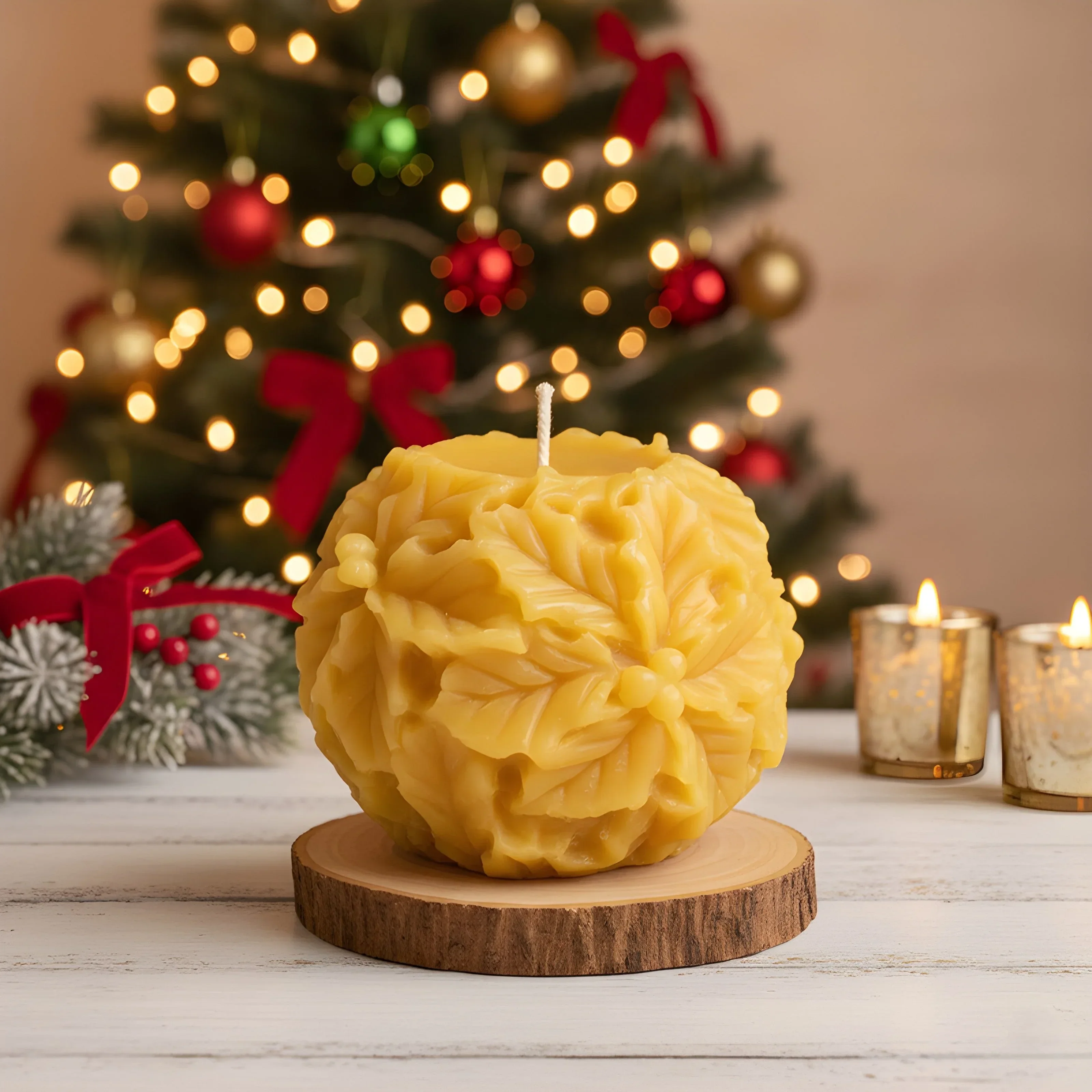 Holly Leaf & Berry Beeswax Candle - Image 2