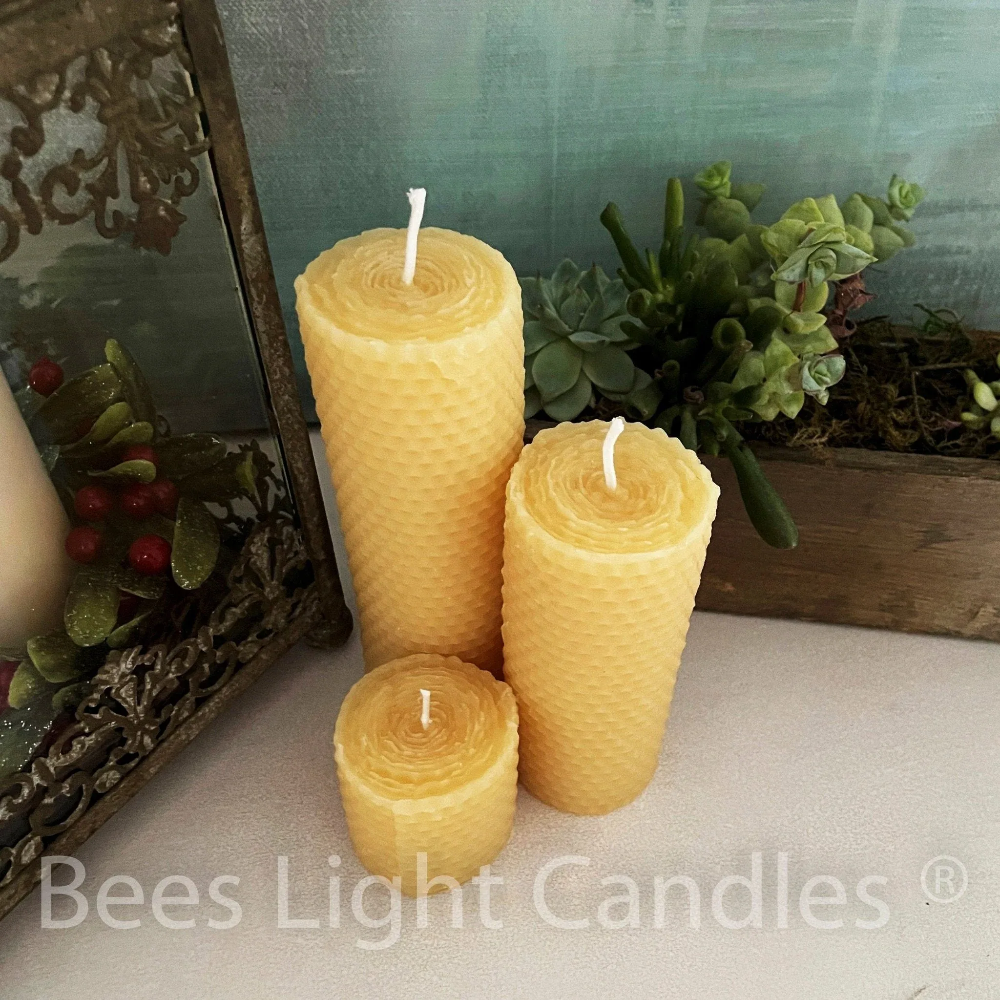 Honeycomb Beeswax Pillar Candles Rolled Design - Image 2