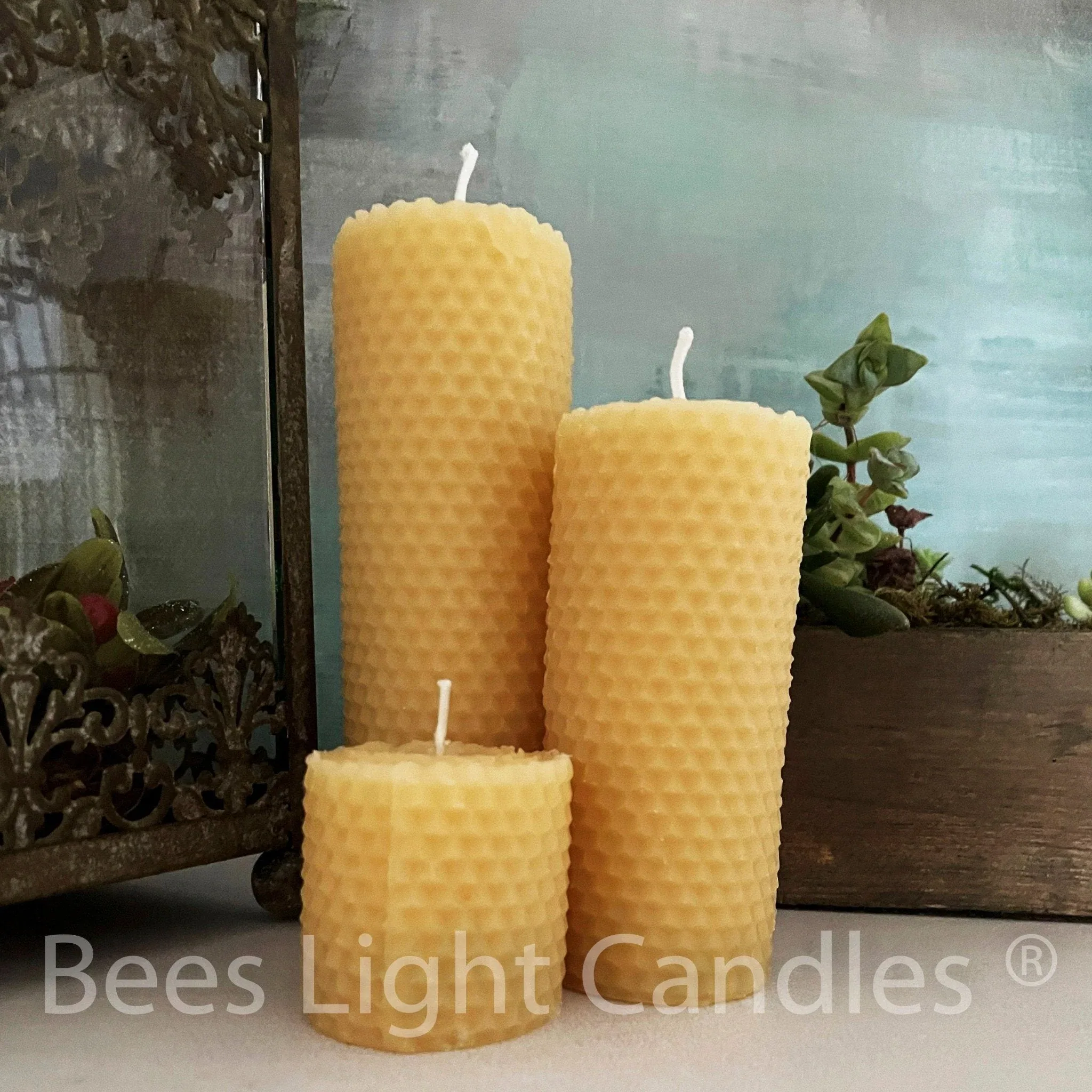Honeycomb Beeswax Pillar Candles Rolled Design - Image 3