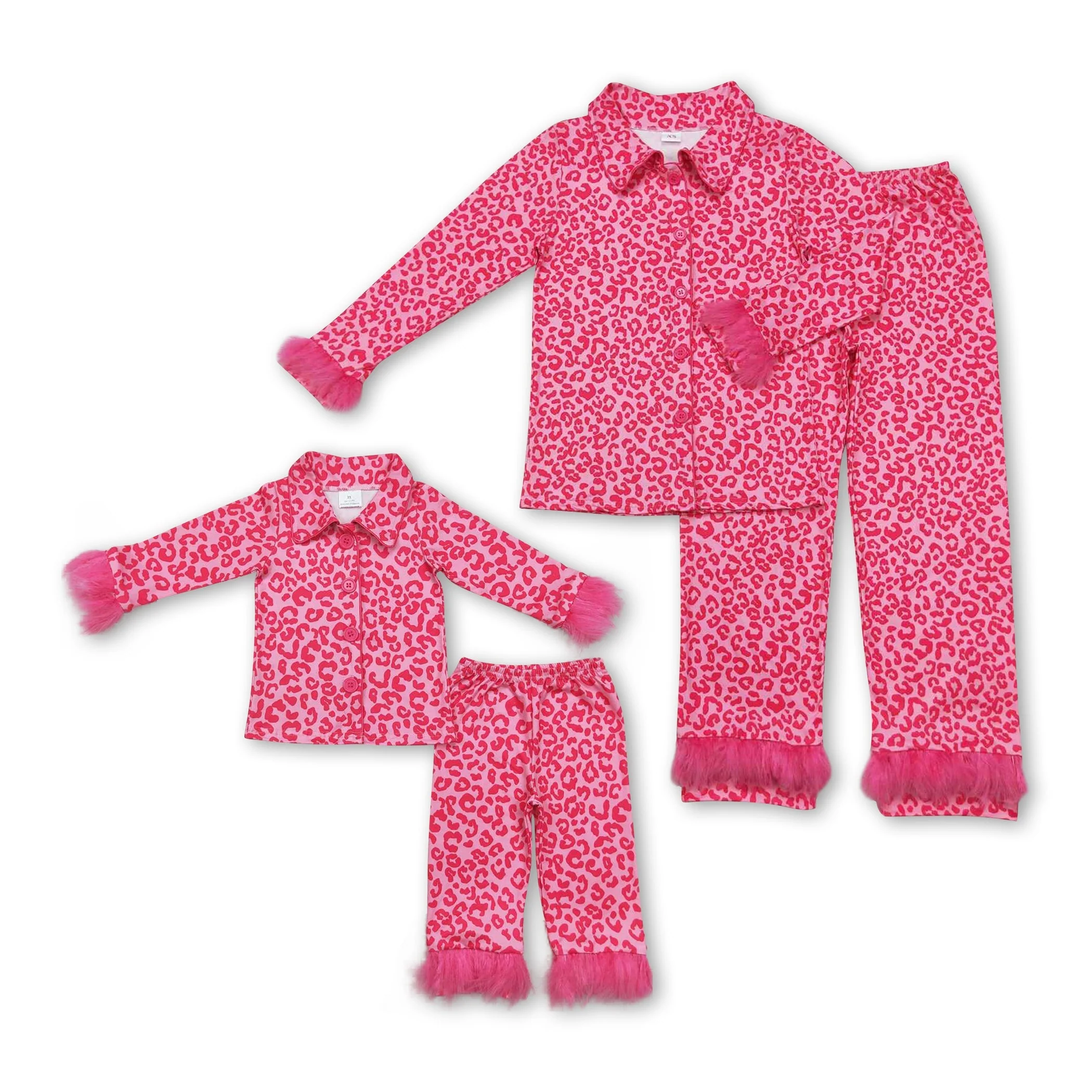 Hot pink leopard fur ruffle kids girls button down pajamas - Image 2