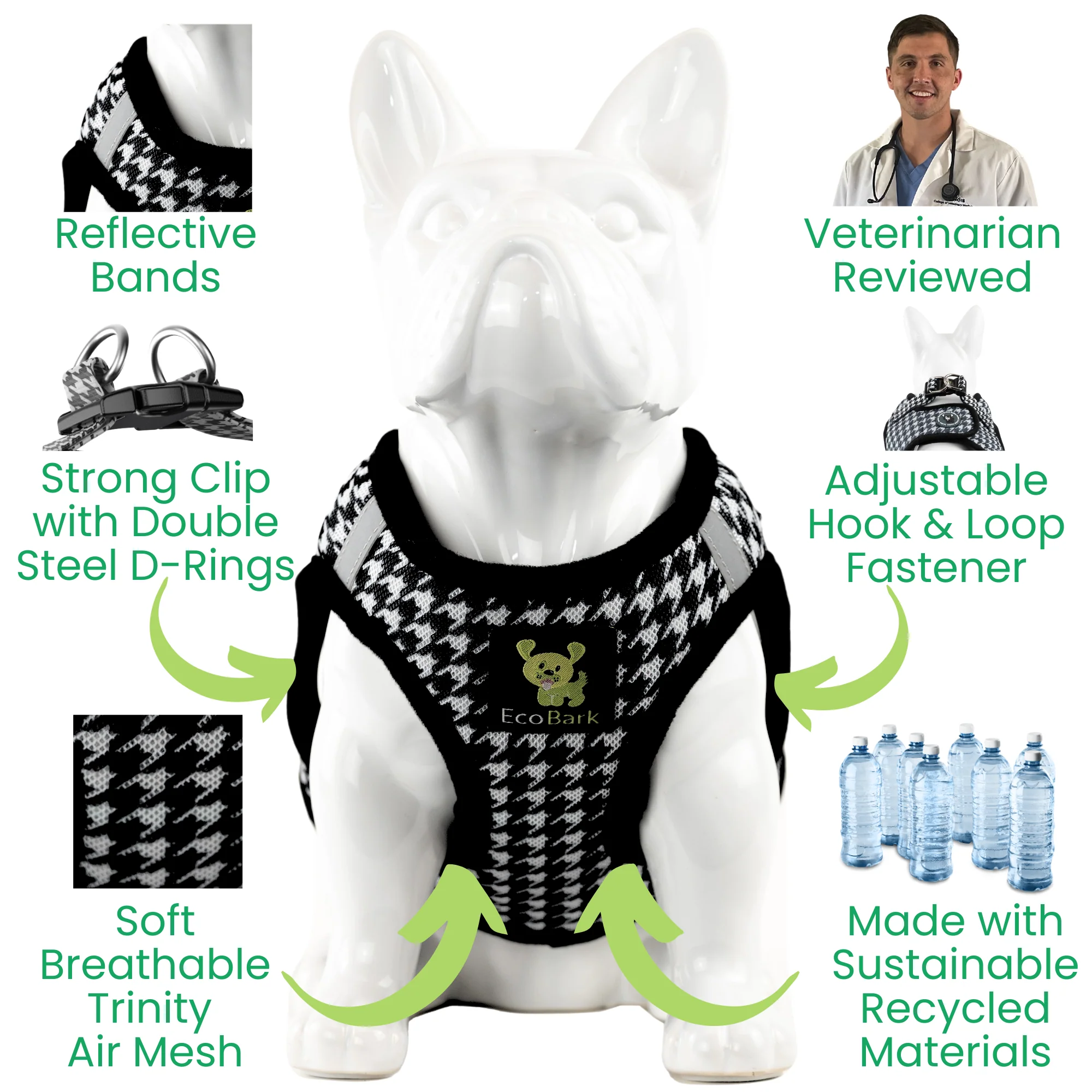 Houndstooth Dog Harness by EcoBark - Step In Dog Harness - Reflective Soft Mesh Halter Body Harness for Teacup, Small Dogs and Puppies - Image 4