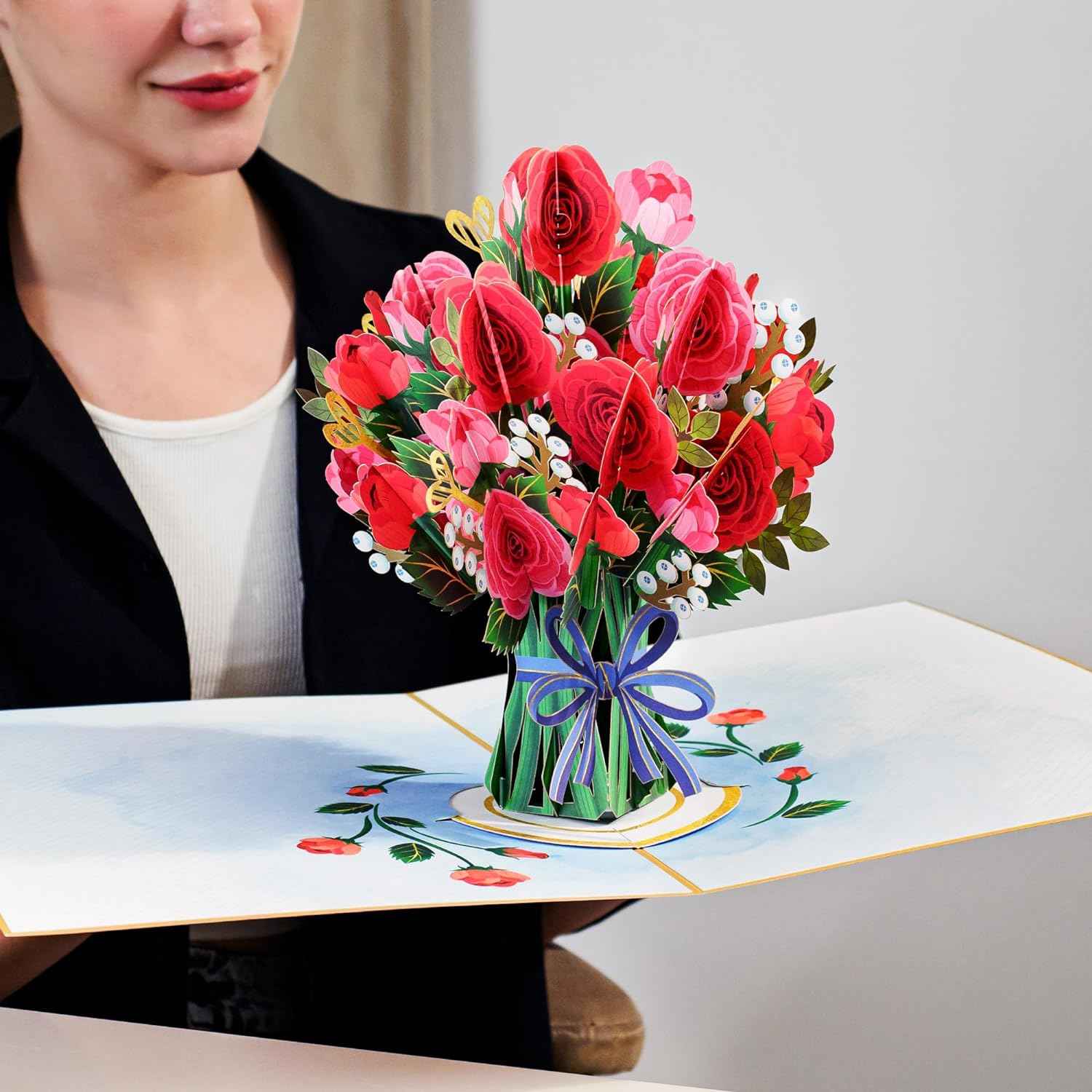 Hugepop Red Roses Pop Up Card, with Detachable Bouquet - Oversized 10" x 14" Cover - Image 3
