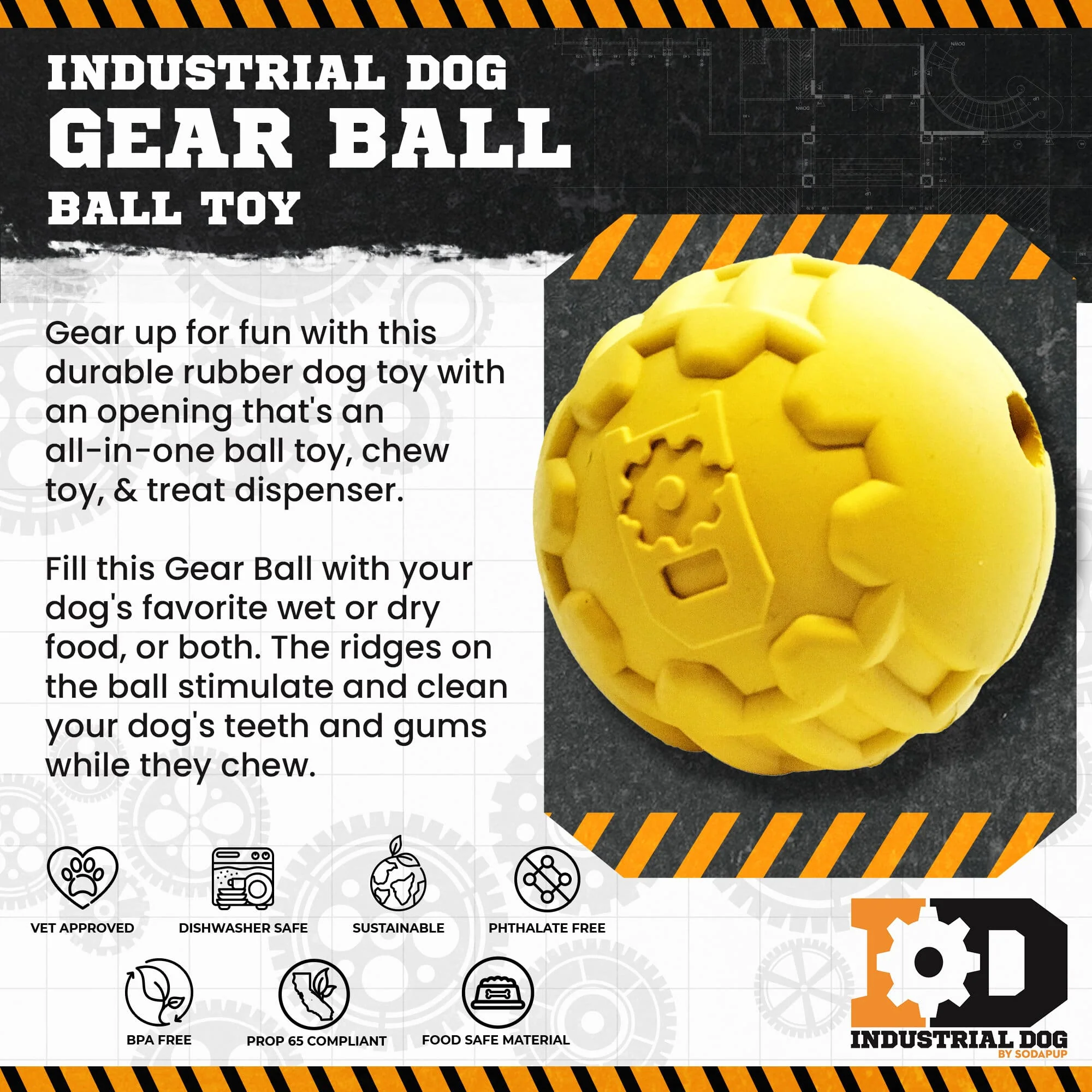 Industrial Dog Ball Rubber Chew Toy for Heavy Chewers | Yellow | USA Made | SodaPup - Image 2