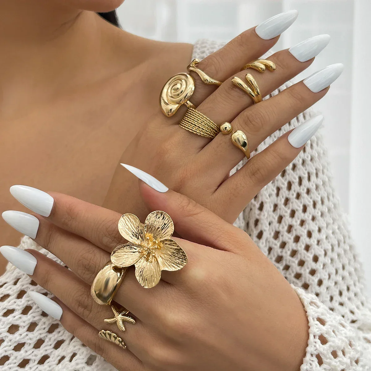 Ingemark 8Pcs/Set Vintage Metal Petal Flower Water Drop Open Rings for Women Trend 2025 Goth Geometric Ring Daily Jewelry Gift - Image 2