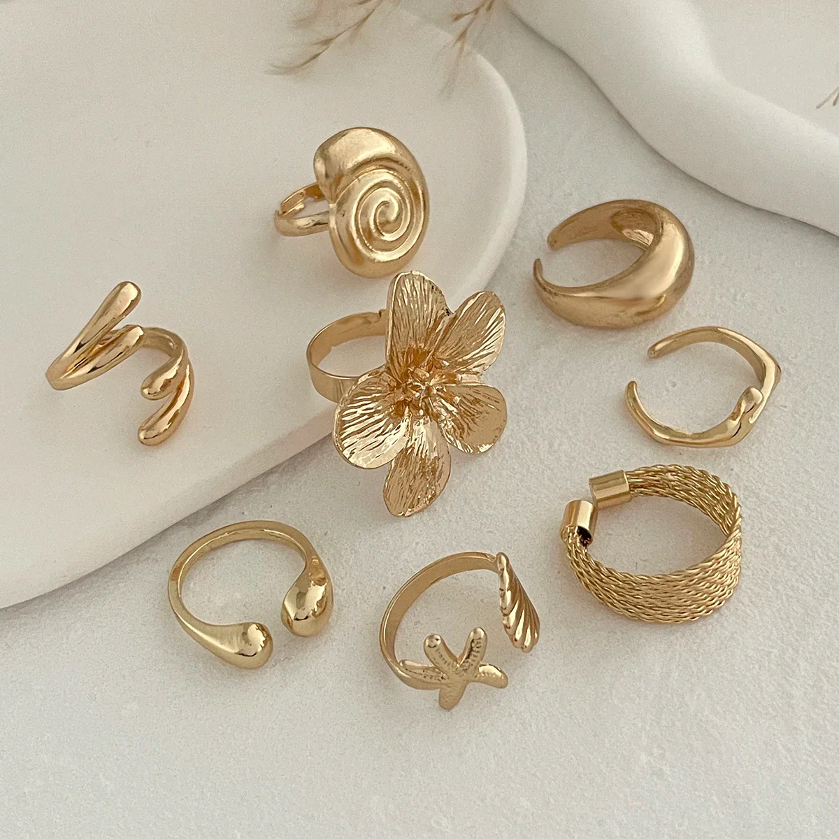Ingemark 8Pcs/Set Vintage Metal Petal Flower Water Drop Open Rings for Women Trend 2025 Goth Geometric Ring Daily Jewelry Gift - Image 5