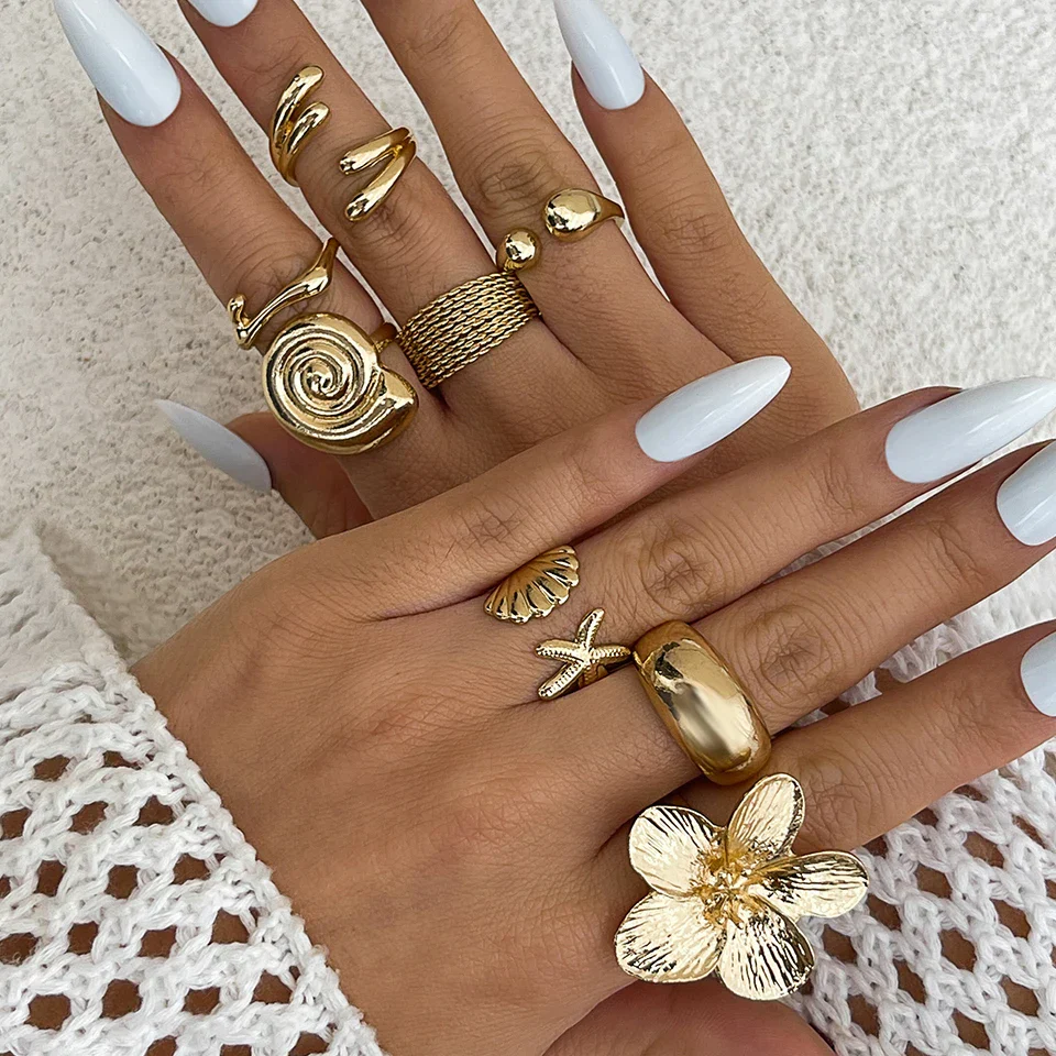 Ingemark 8Pcs/Set Vintage Metal Petal Flower Water Drop Open Rings for Women Trend 2025 Goth Geometric Ring Daily Jewelry Gift - Image 6