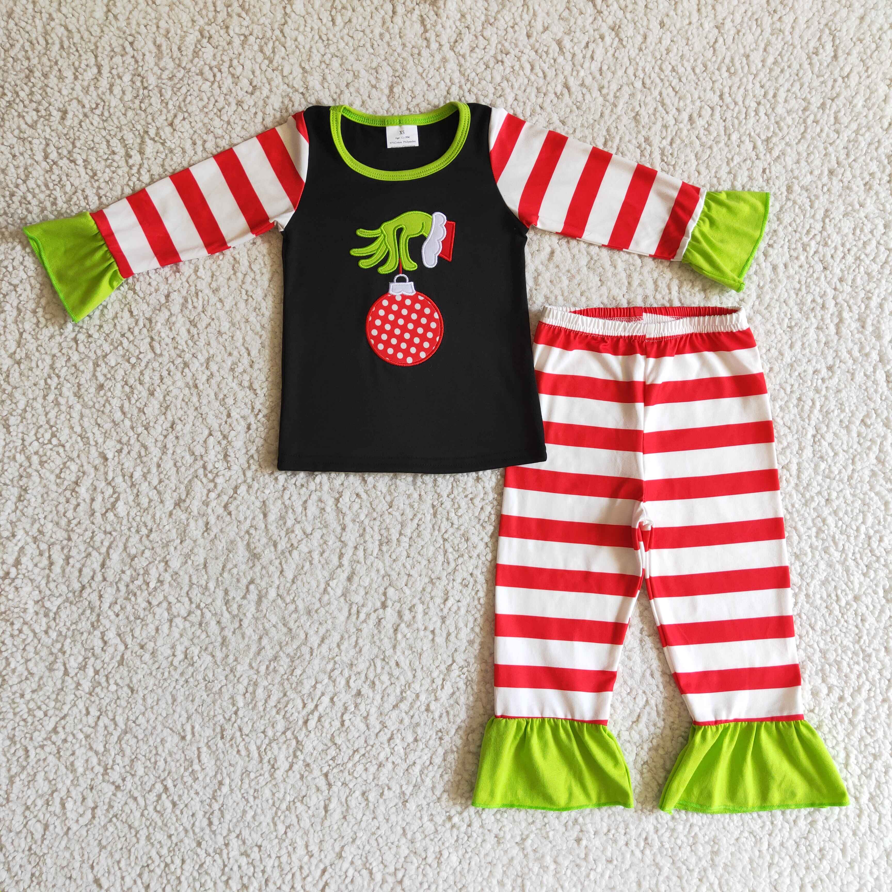 Jingle bell embroidery green face kids girls Christmas pajamas - Image 2