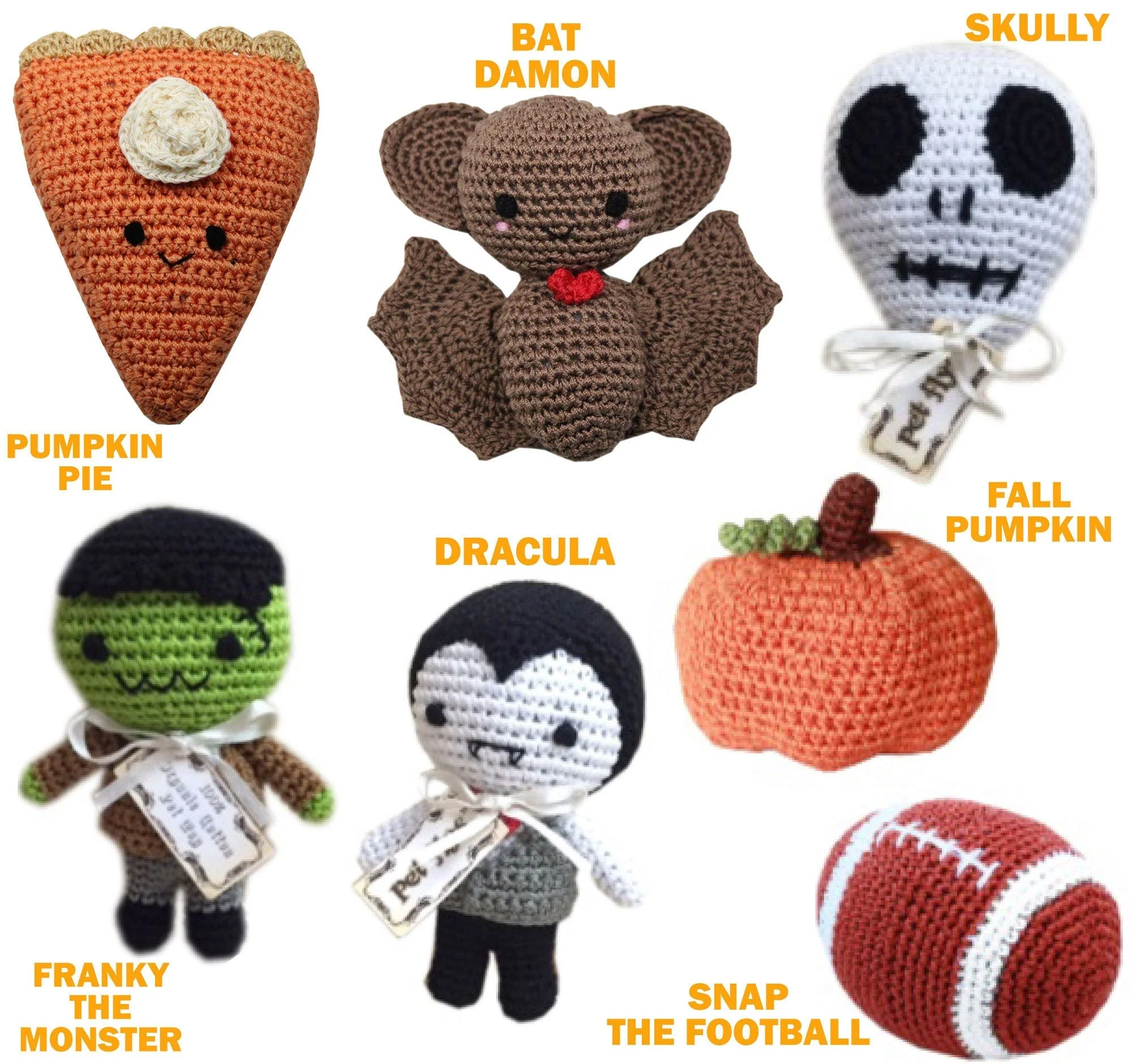 Knit Knacks Organic Cotton Pet& Dog Toys, "Fall Group" (Options: Football, Dracula, Bat Damon, Skully, Franky Monster, Pumpkin, Pumpkin Pie) - Image 2