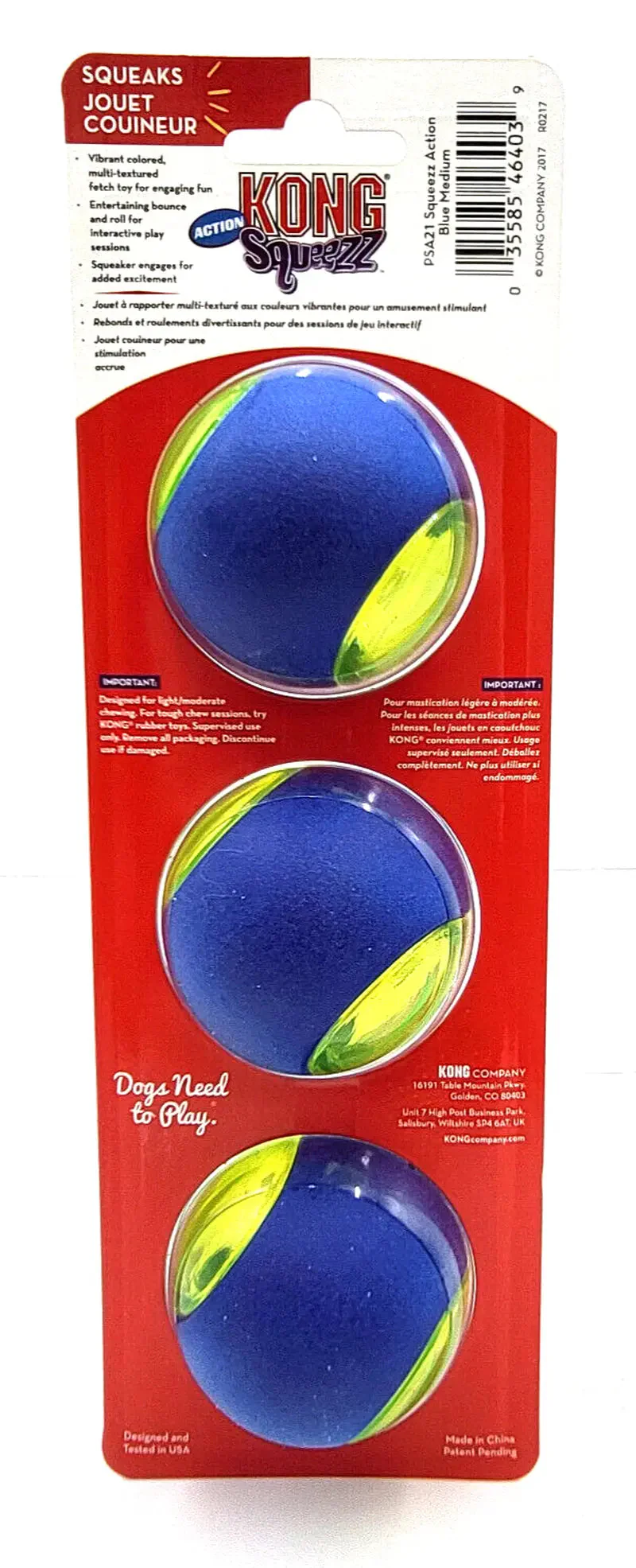 KONG Squeezz Action Ball Medium Blue 3 Pack Squeaky Dog Fetch Toy - Image 9