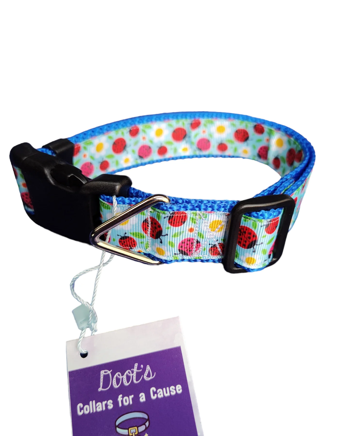 Ladybugs and Daisies Blue Nylon Dog Collar MD, LG, XL, Leash - Image 2