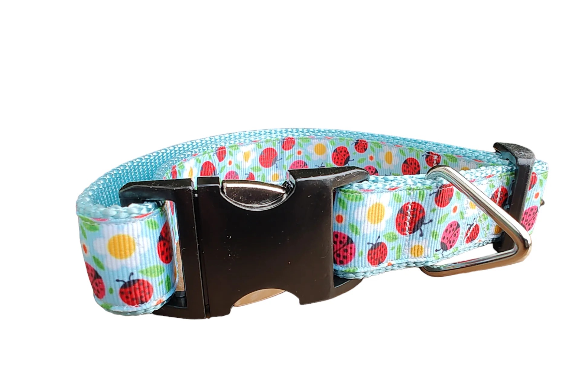 Ladybugs and Daisies Light Blue Nylon Dog Collar MD, LG, XL, Leash - Image 2