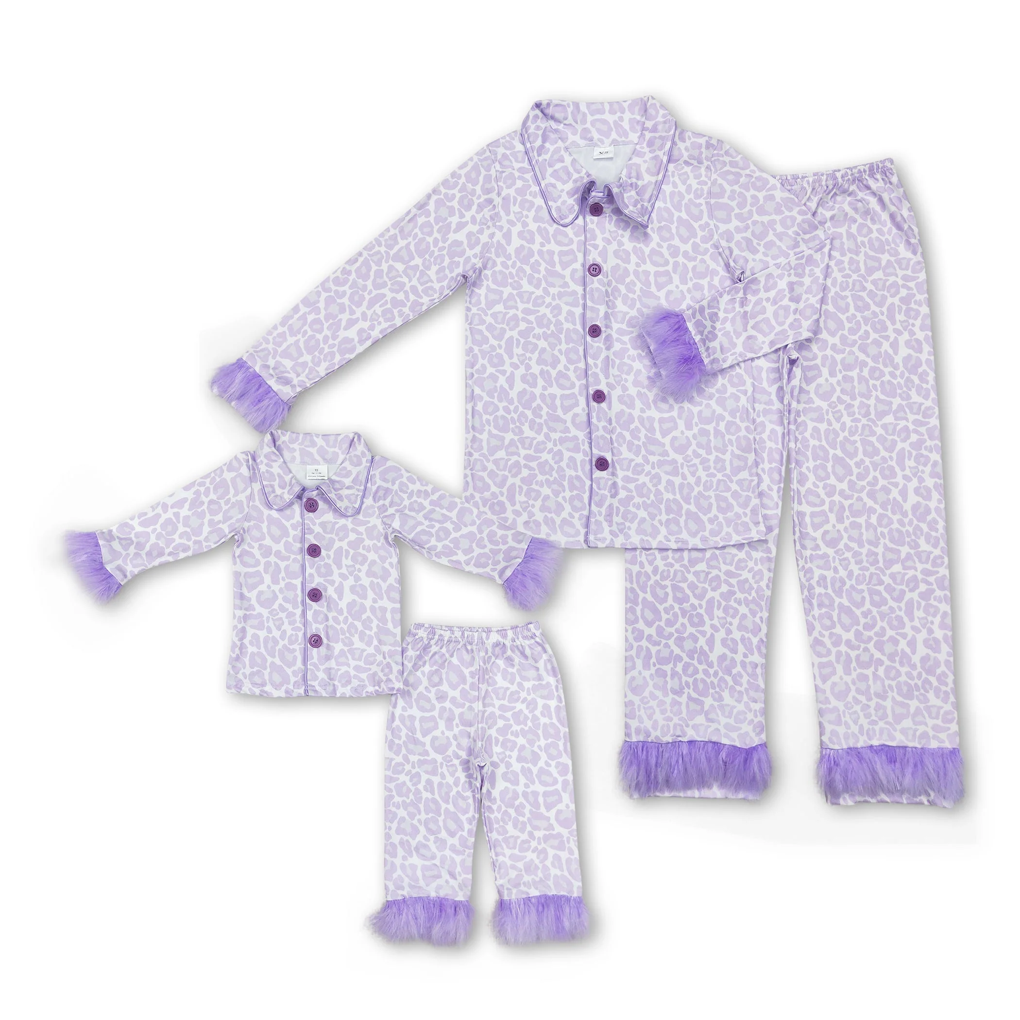 Lavender leopard fur ruffle kids girls button down pajamas - Image 2