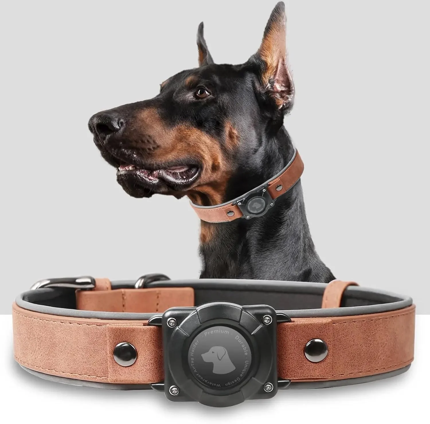 Leather AirTag Dog Collar with Built-In Holder, Reflective Adjustable Design - Image 2