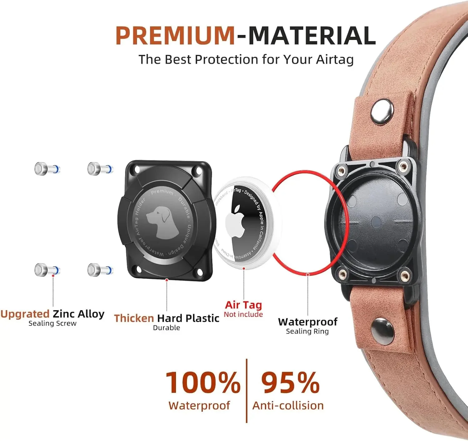 Leather AirTag Dog Collar with Built-In Holder, Reflective Adjustable Design - Image 4