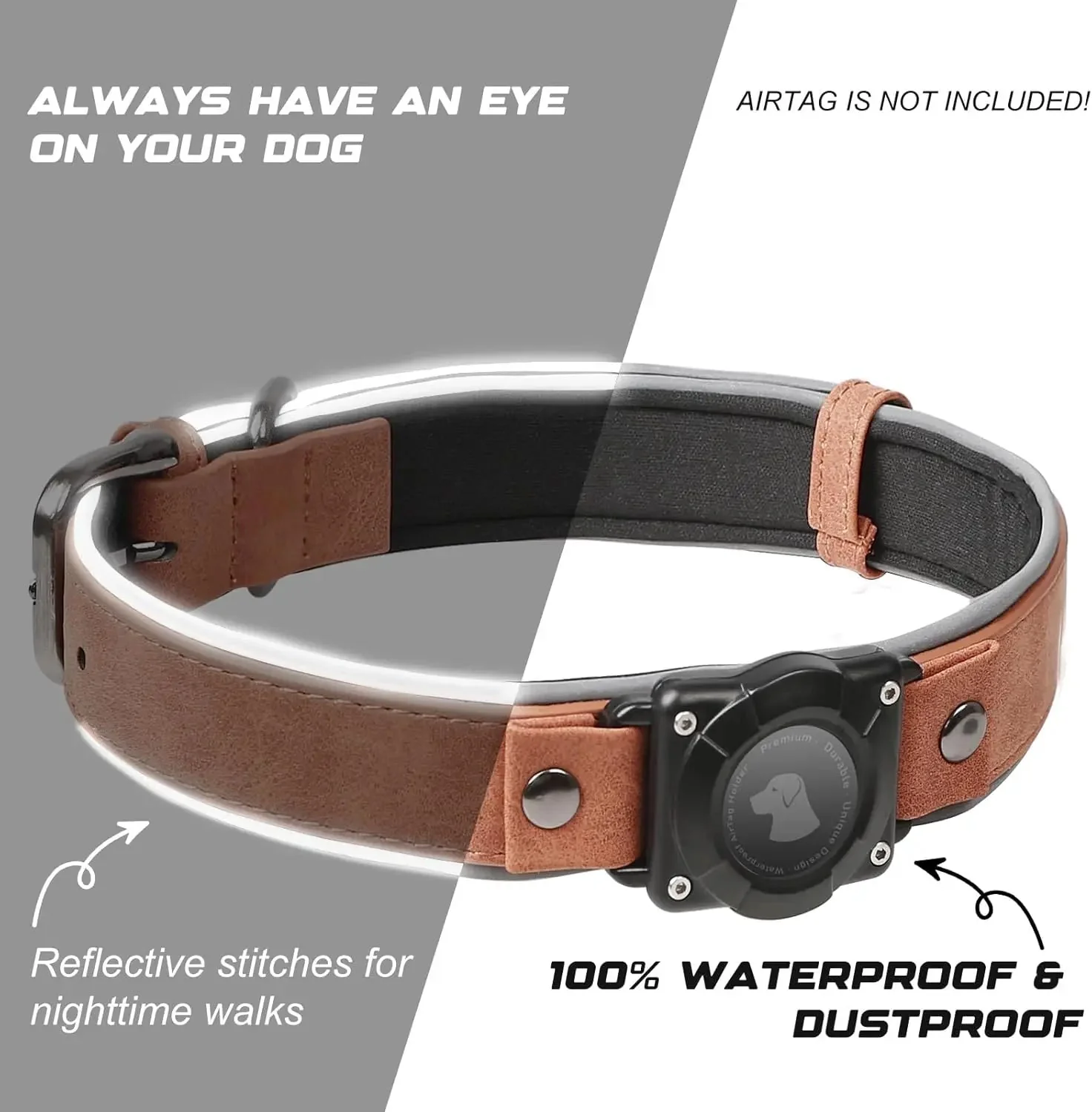 Leather AirTag Dog Collar with Built-In Holder, Reflective Adjustable Design - Image 5