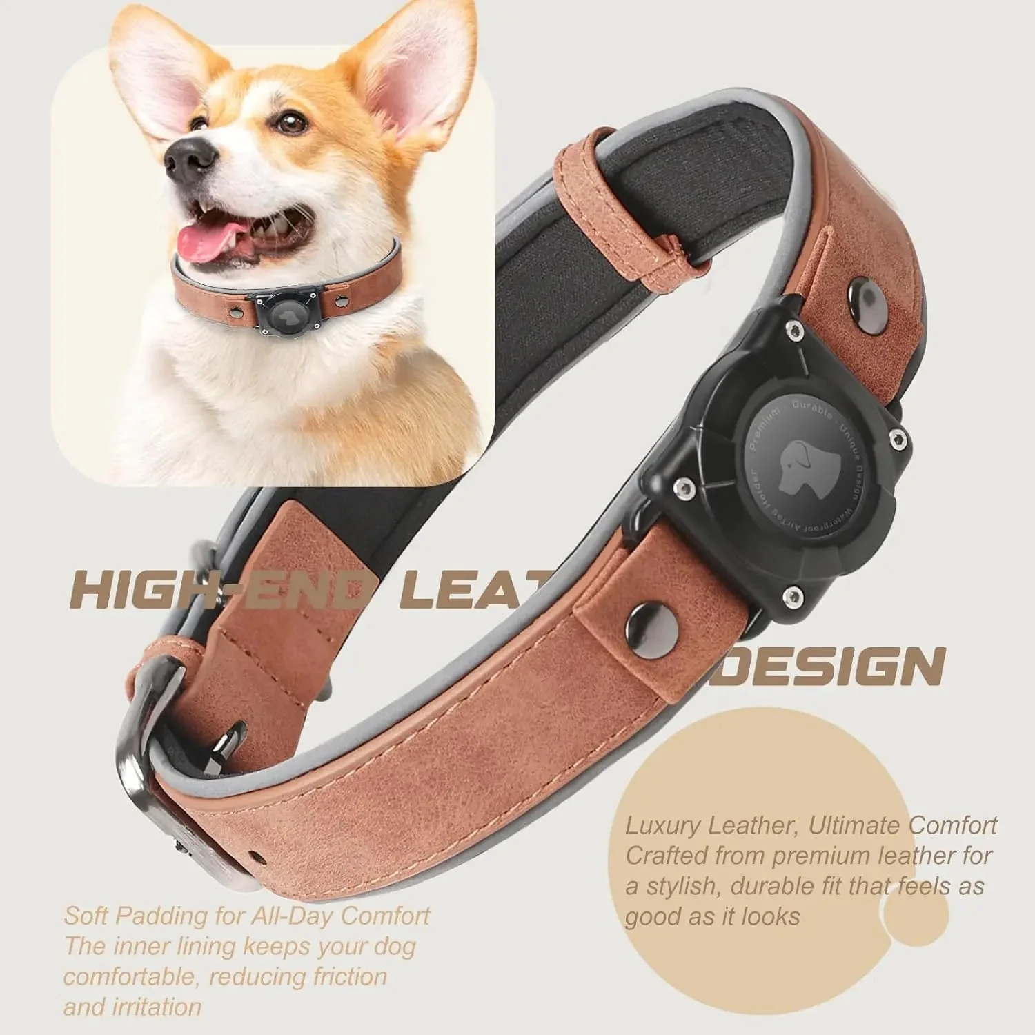 Leather AirTag Dog Collar with Built-In Holder, Reflective Adjustable Design - Image 6