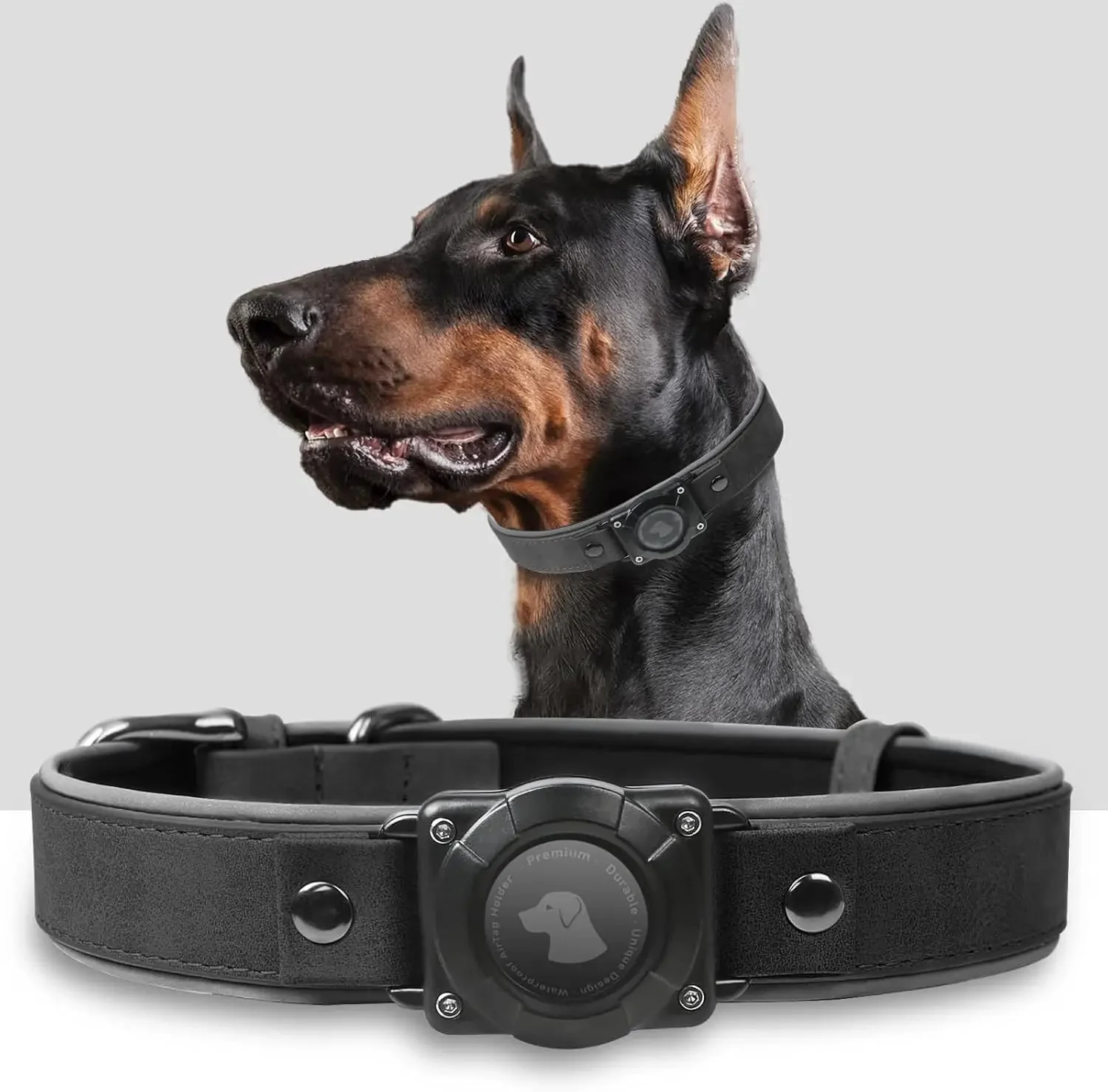 Leather AirTag Dog Collar with Built-In Holder, Reflective Adjustable Design - Image 9