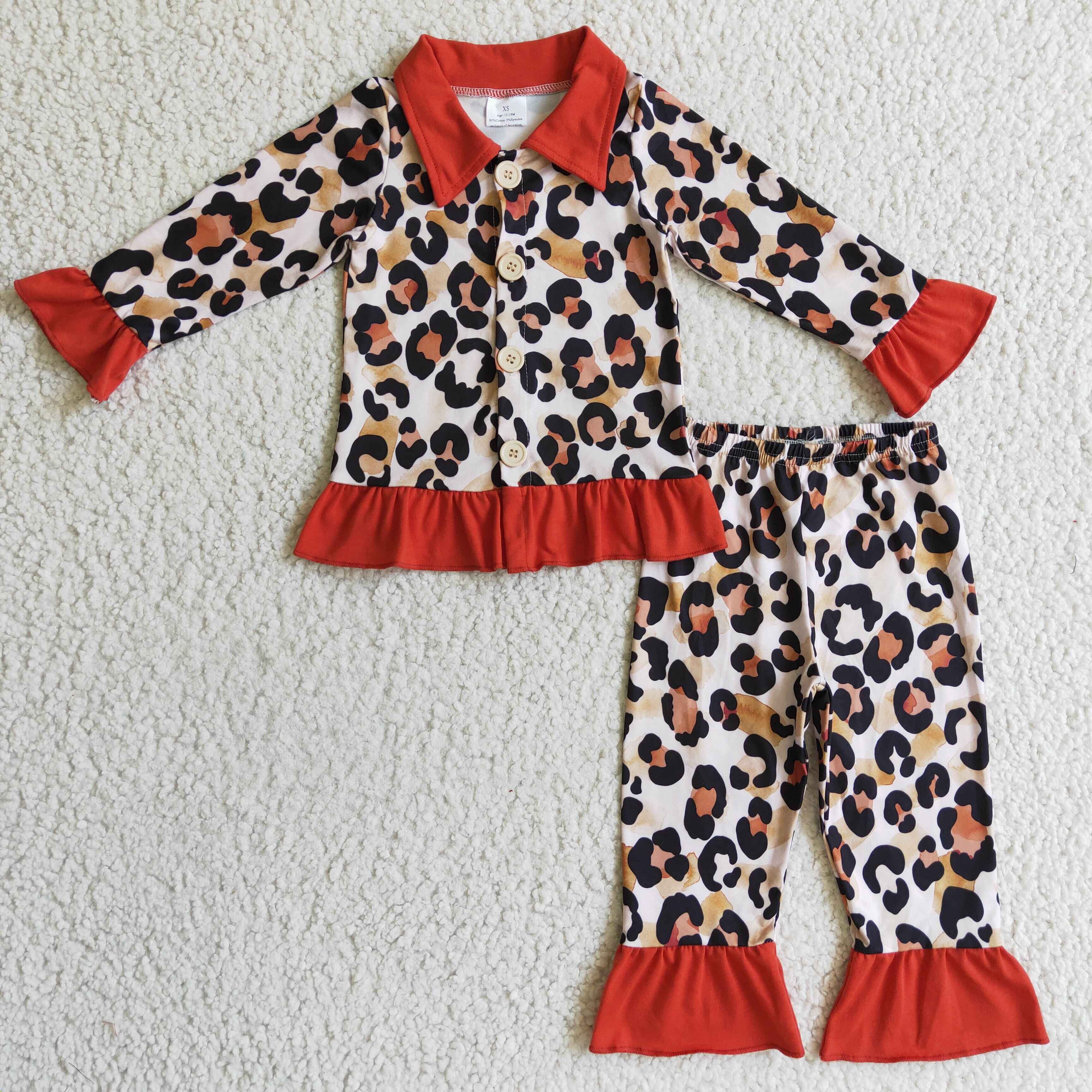 Leopard long sleeves girls ruffle pajamas - Image 2