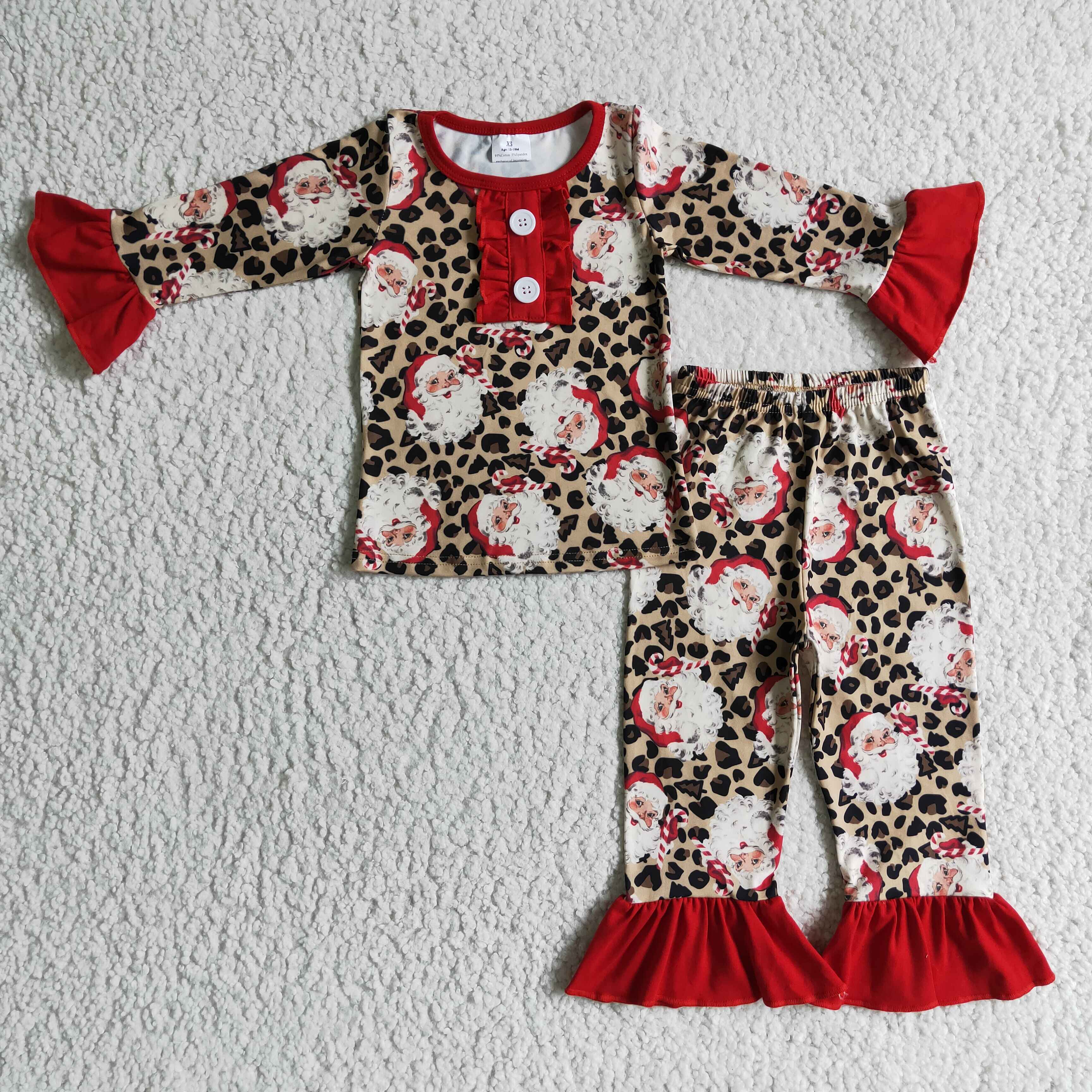Leopard santa kids girls Christmas pajamas set - Image 2