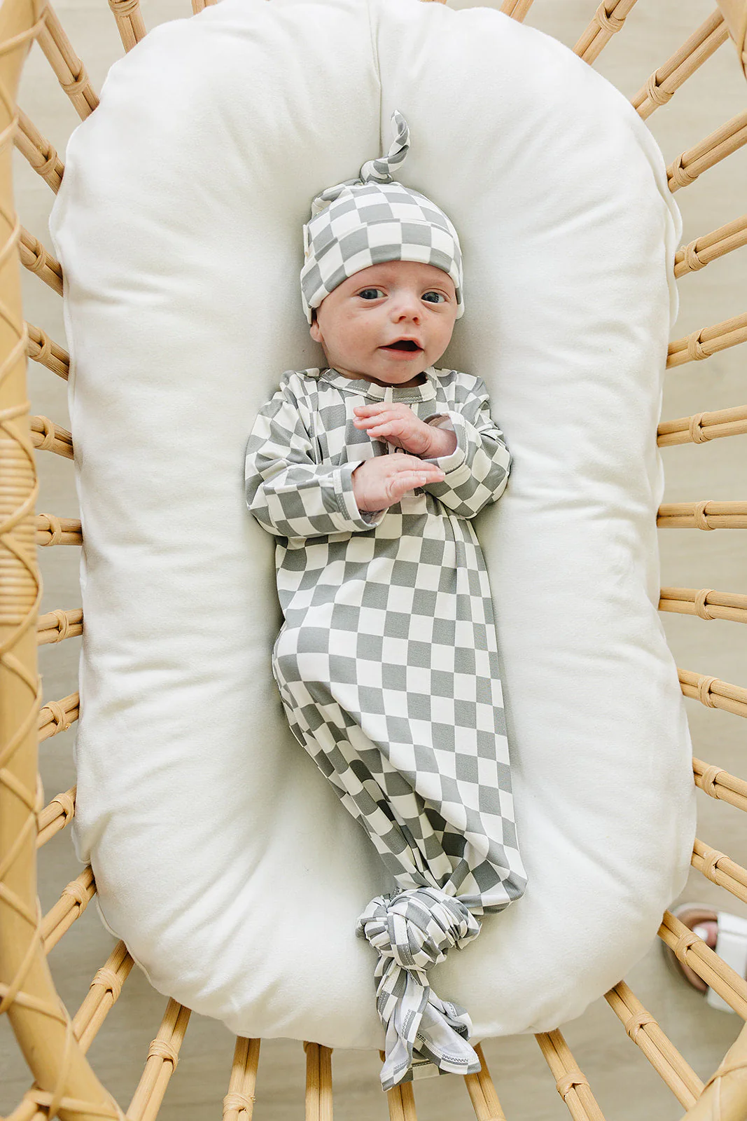 Light Green Checkered Bamboo Newborn Knot Hat - Image 2