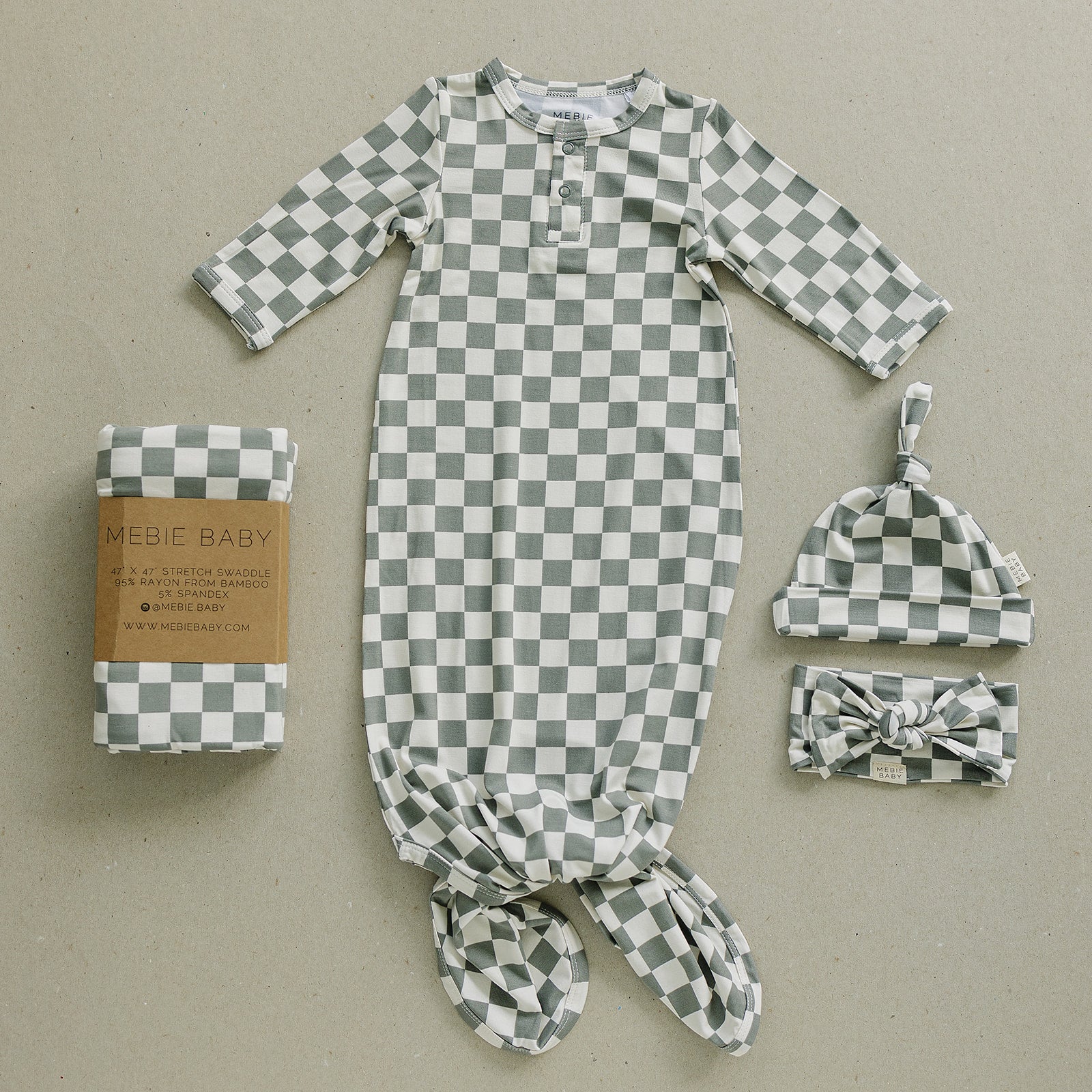 Light Green Checkered Bamboo Newborn Knot Hat - Image 3