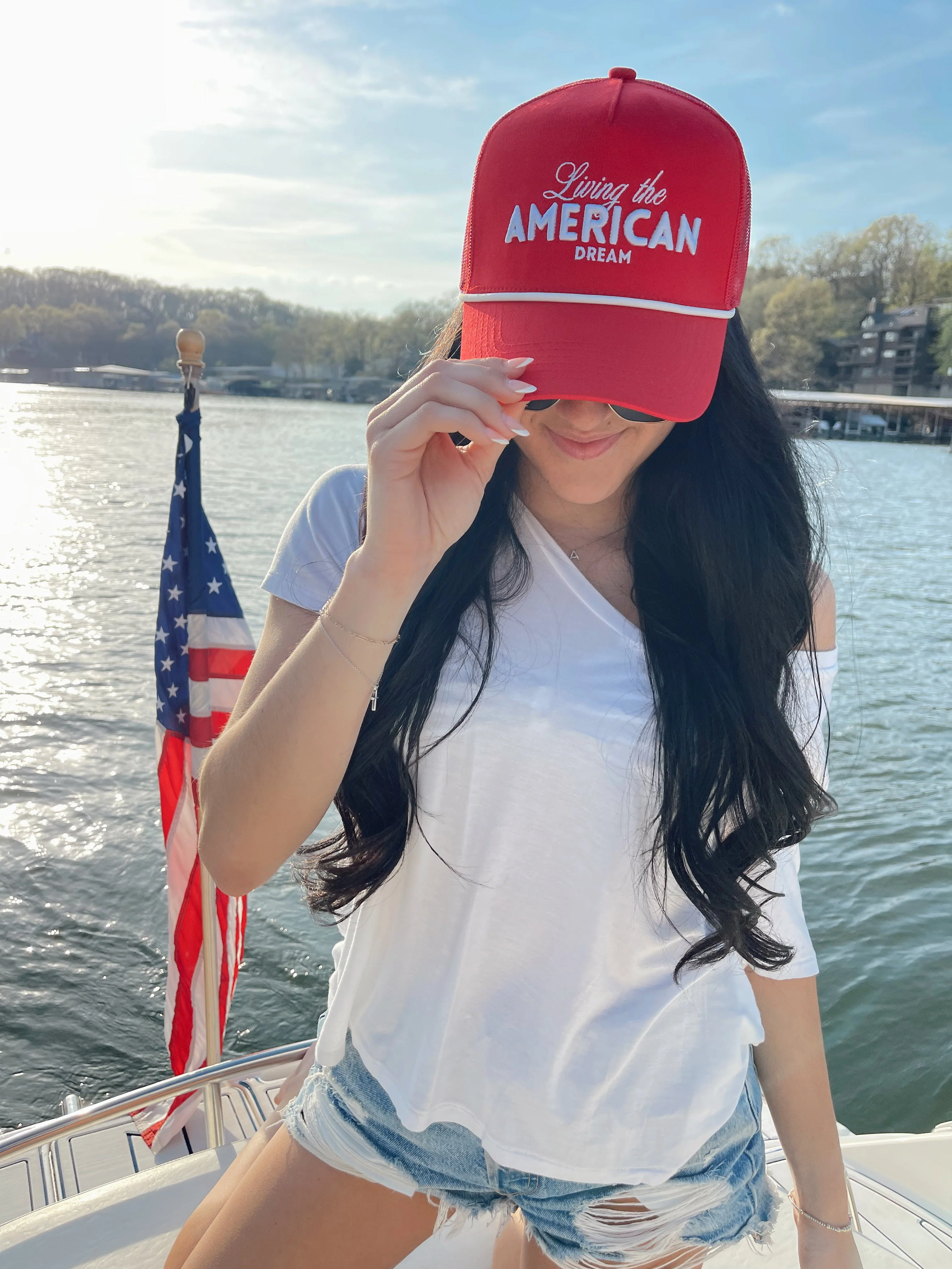 Living the American Dream - Red and Navy Vintage Trucker Hat - Image 2