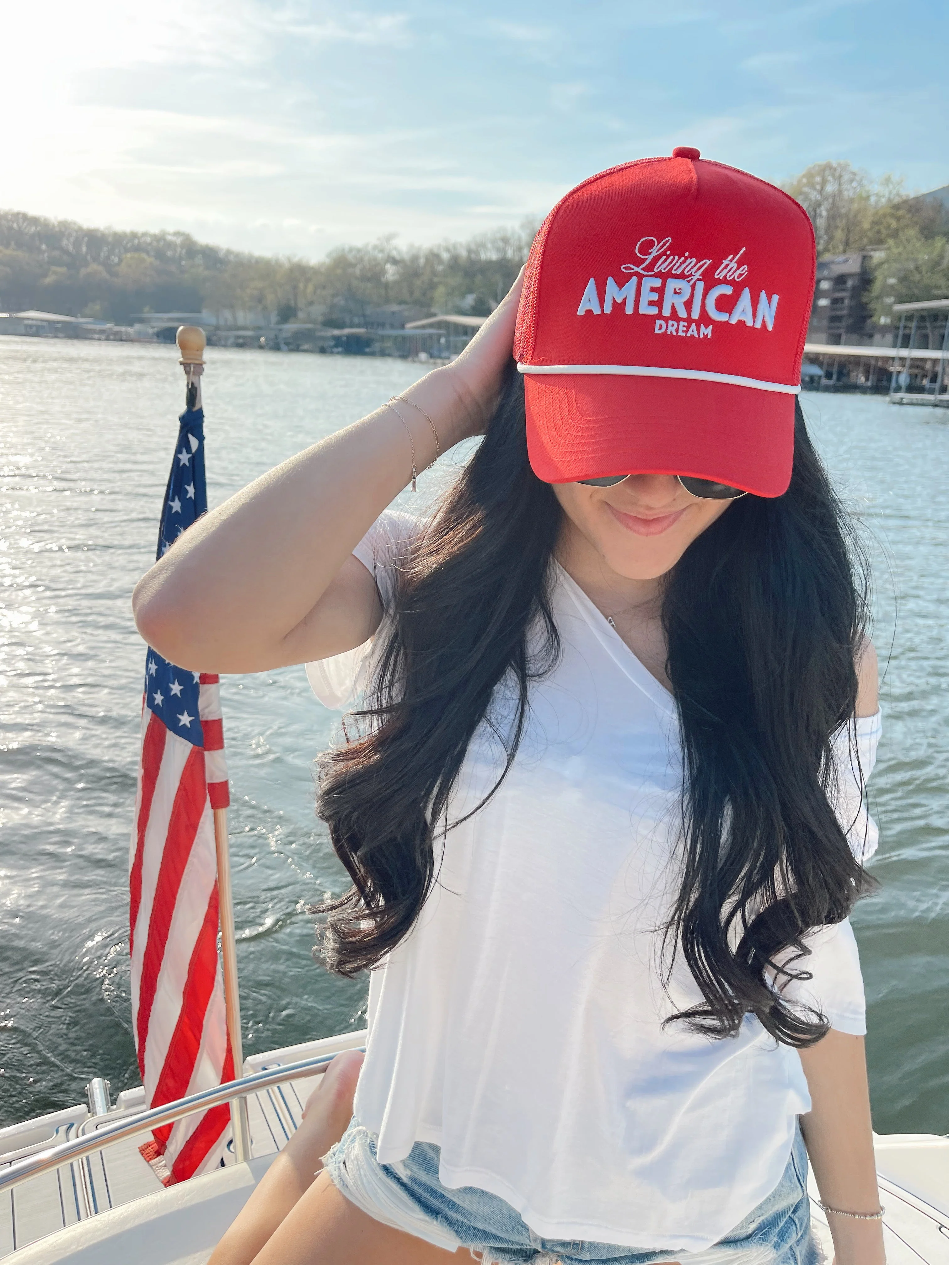 Living the American Dream - Red and Navy Vintage Trucker Hat - Image 6