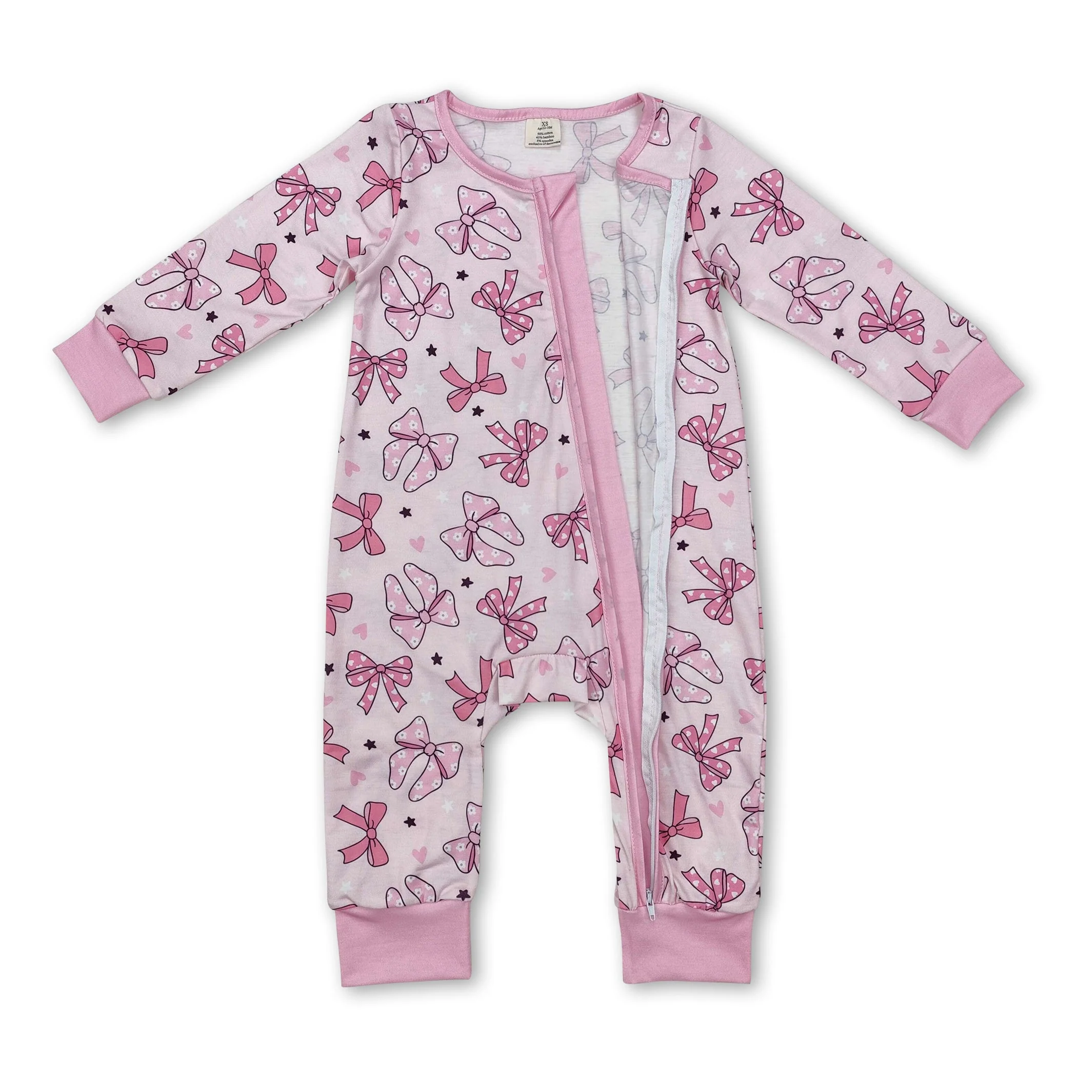 Long sleeves pink bow heart baby girls zipper sleeper - Image 2