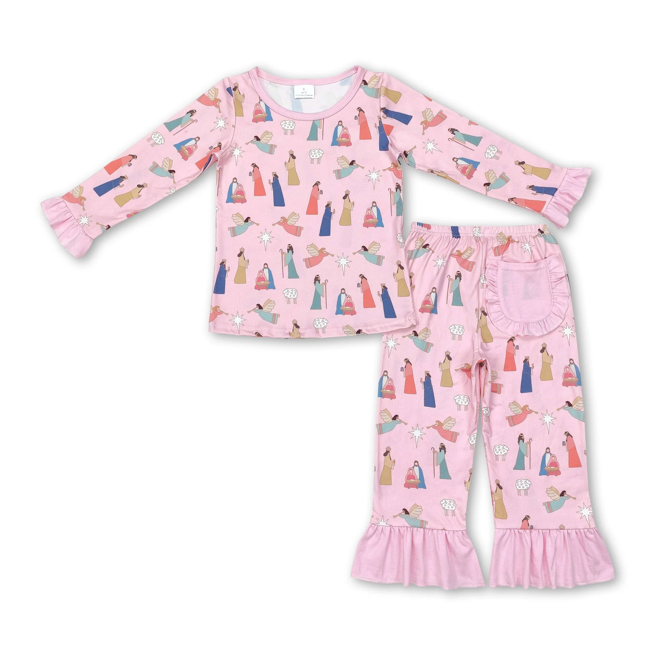 Long sleeves pink nativity baby girls Christmas pajamas - Image 2