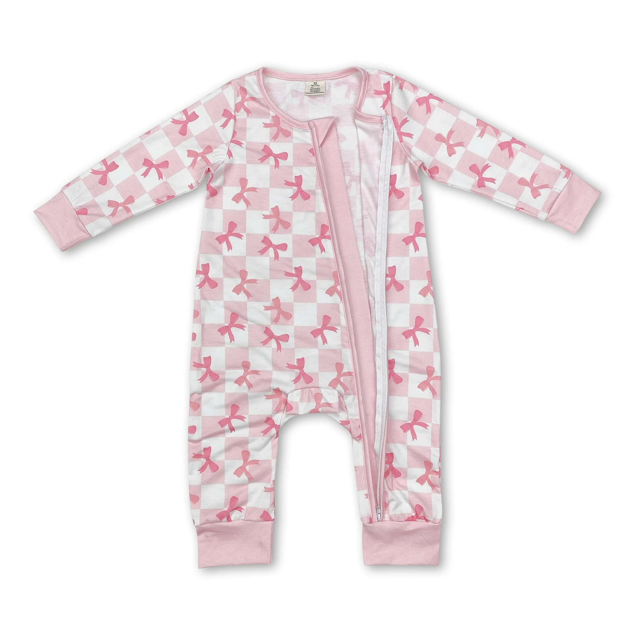 Long sleeves pink plaid bow baby girls zipper sleeper - Image 2