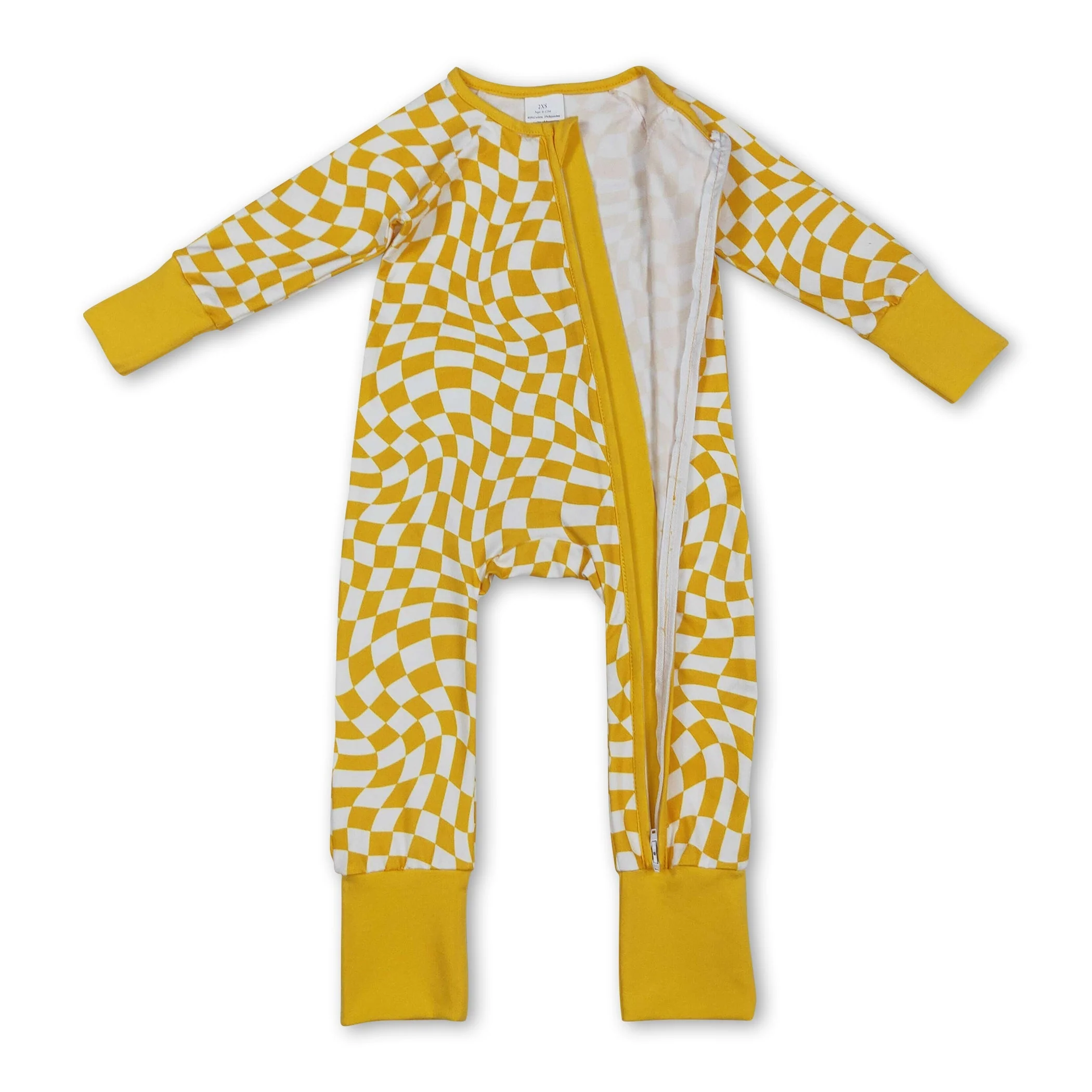 Long sleeves yellow plaid baby kids zipper sleeper - Image 3