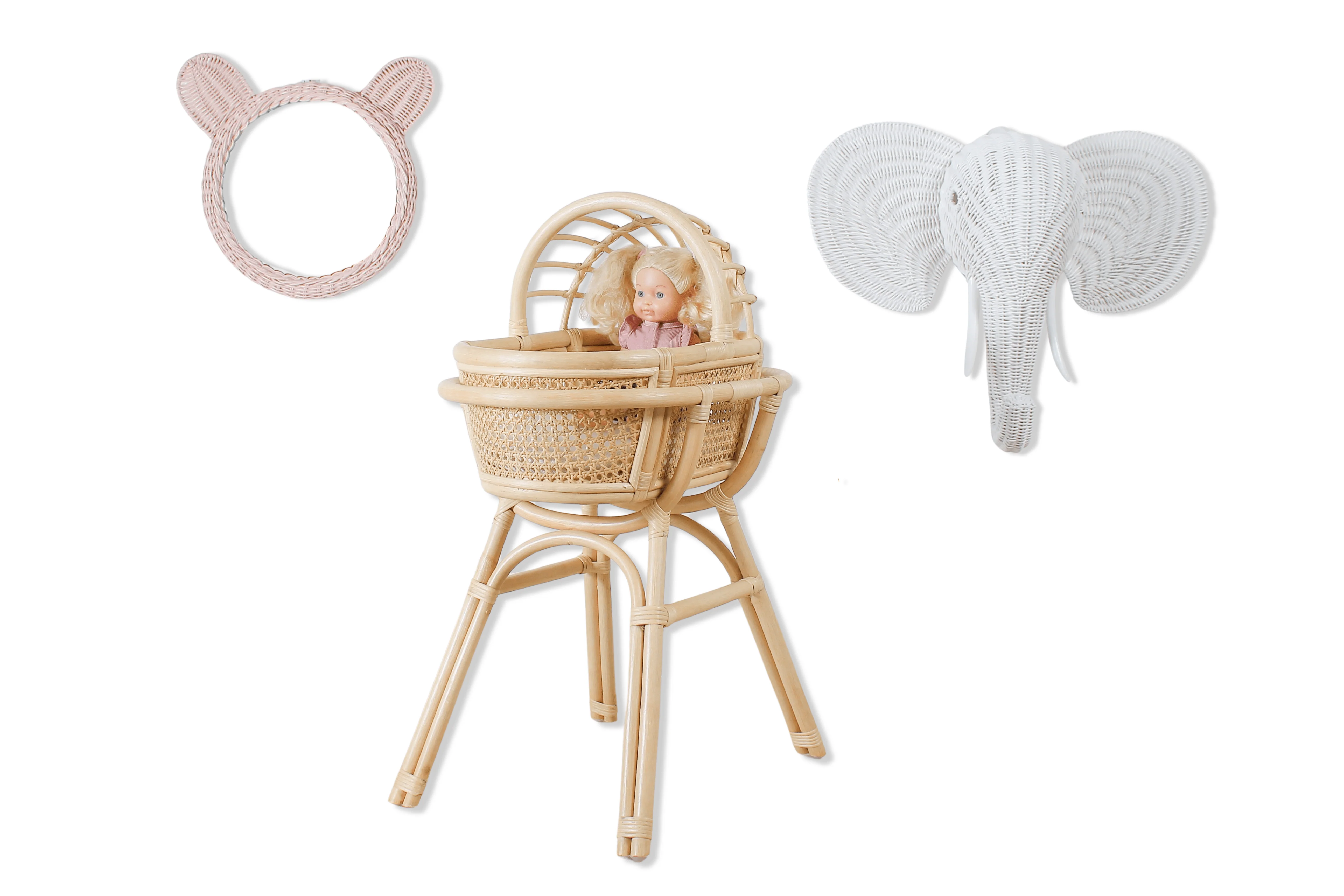 Lullaby Rattan Doll Bassinet with Stand – Handwoven Toy Cradle for Pretend Play - Image 2